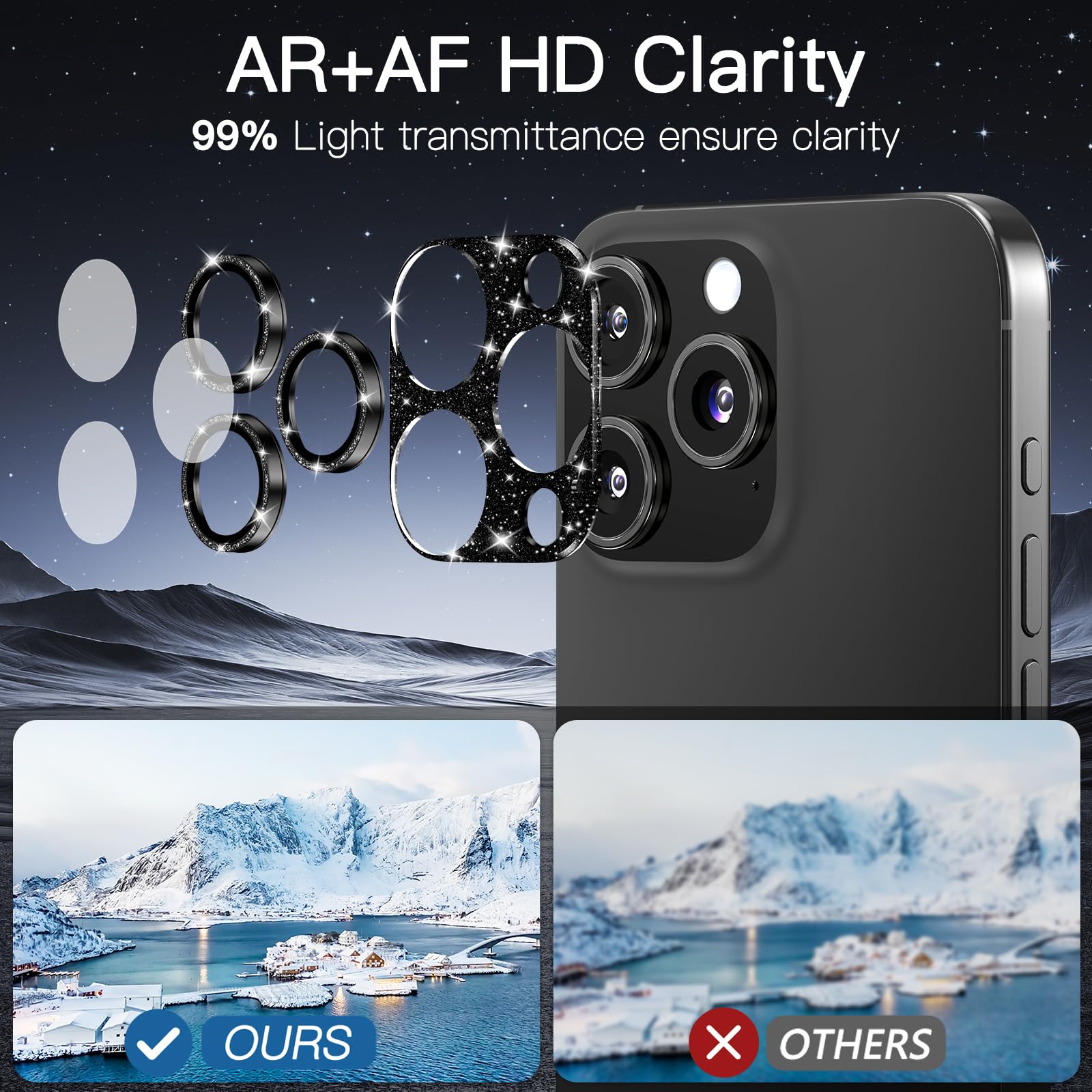 [2-pak Bling ochrona obiektywu aparatu fotograficznego do iPhone 13 Pro / 13 Pro Max z hartowanym szkłem 9H, płytą z aluminium lotniczego, metalowym pierścieniem, kołem nocnym, przejrzystość