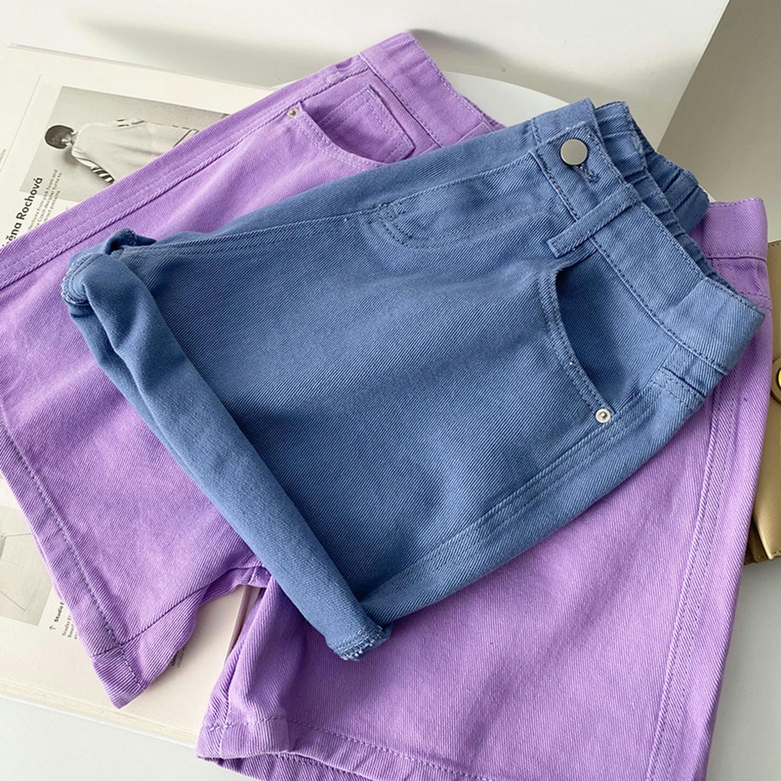 Pantaloncini Donna Shorti di Denim A Gamba Larga per Donne, Pantaloni Esterni A Vita Alta, A-Line, Sciolti, Dritti, Viola