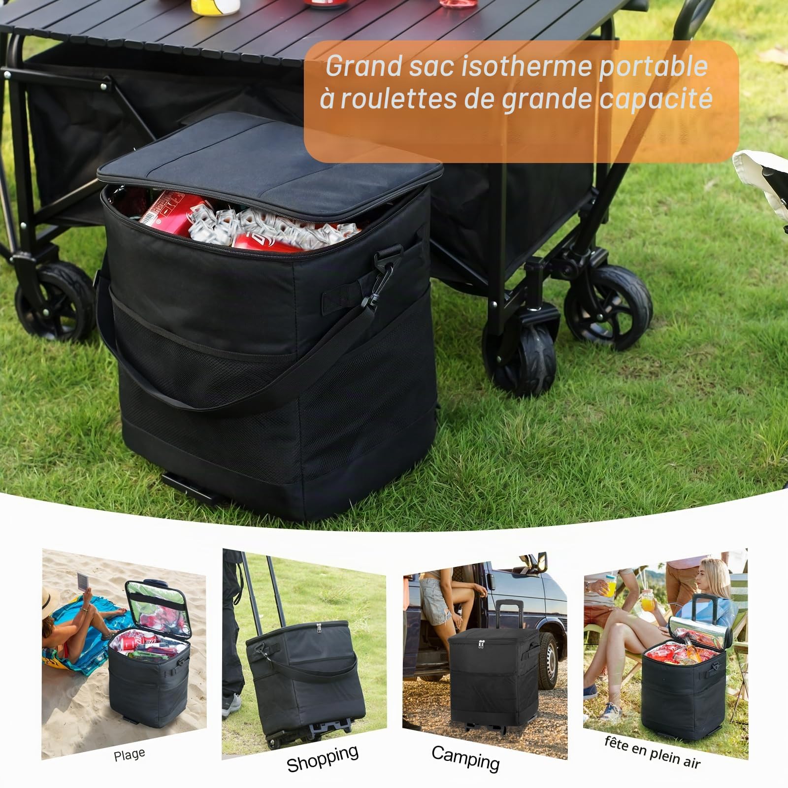 ZHJINGYU Sac Isotherme Grand avec 2 Roues Pliable Glacière Souple Isotherme Sac Pique Nique pour Courses 40L | Chariot de Courses 3en1 Chariot à Sac