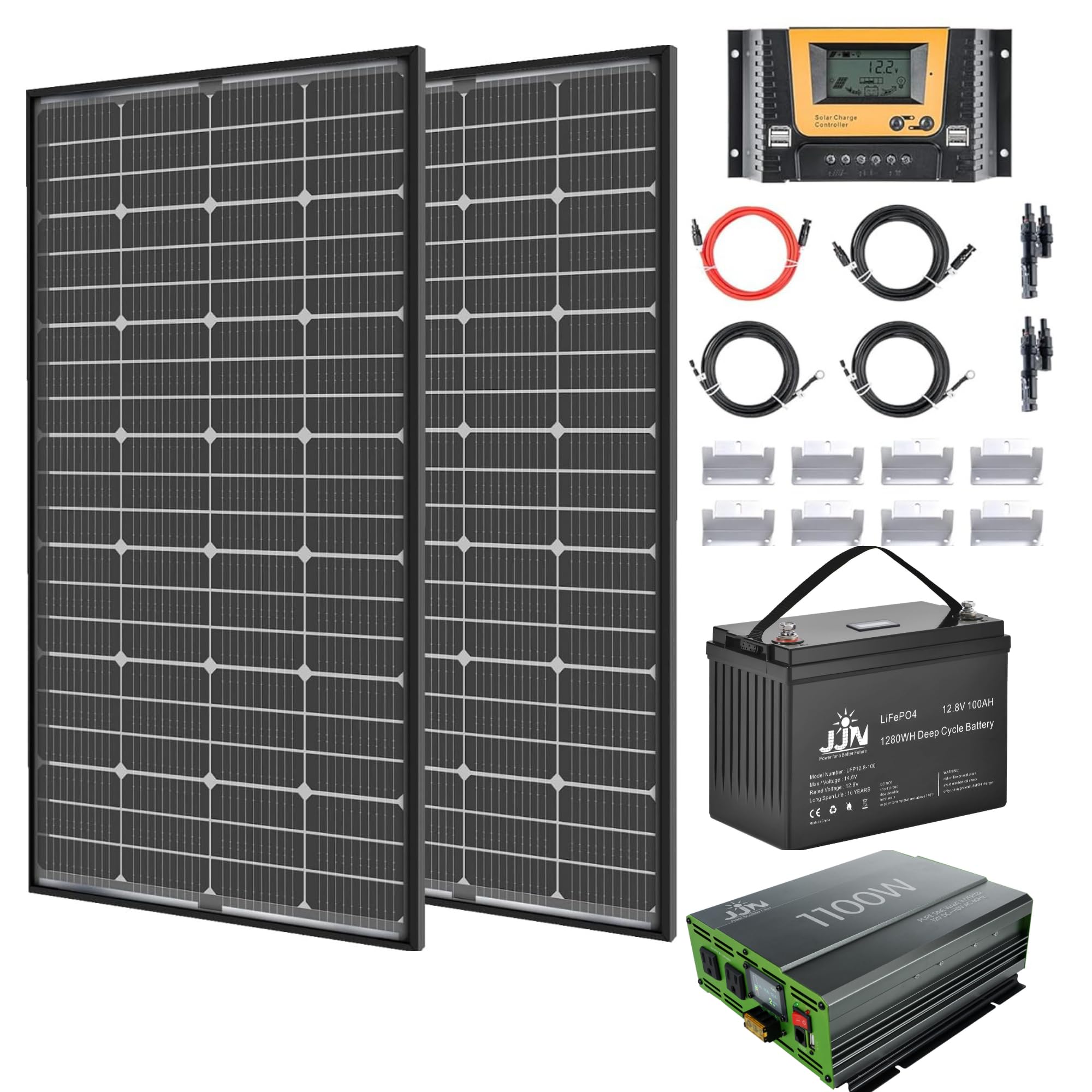 400 Watt Solar Panel Kit Bifacial 12V/24V 10BB Monocrystalline Solar Panels with 30A PWM controller,100ah lifepo4 battery,1100w pure sine wave inverter