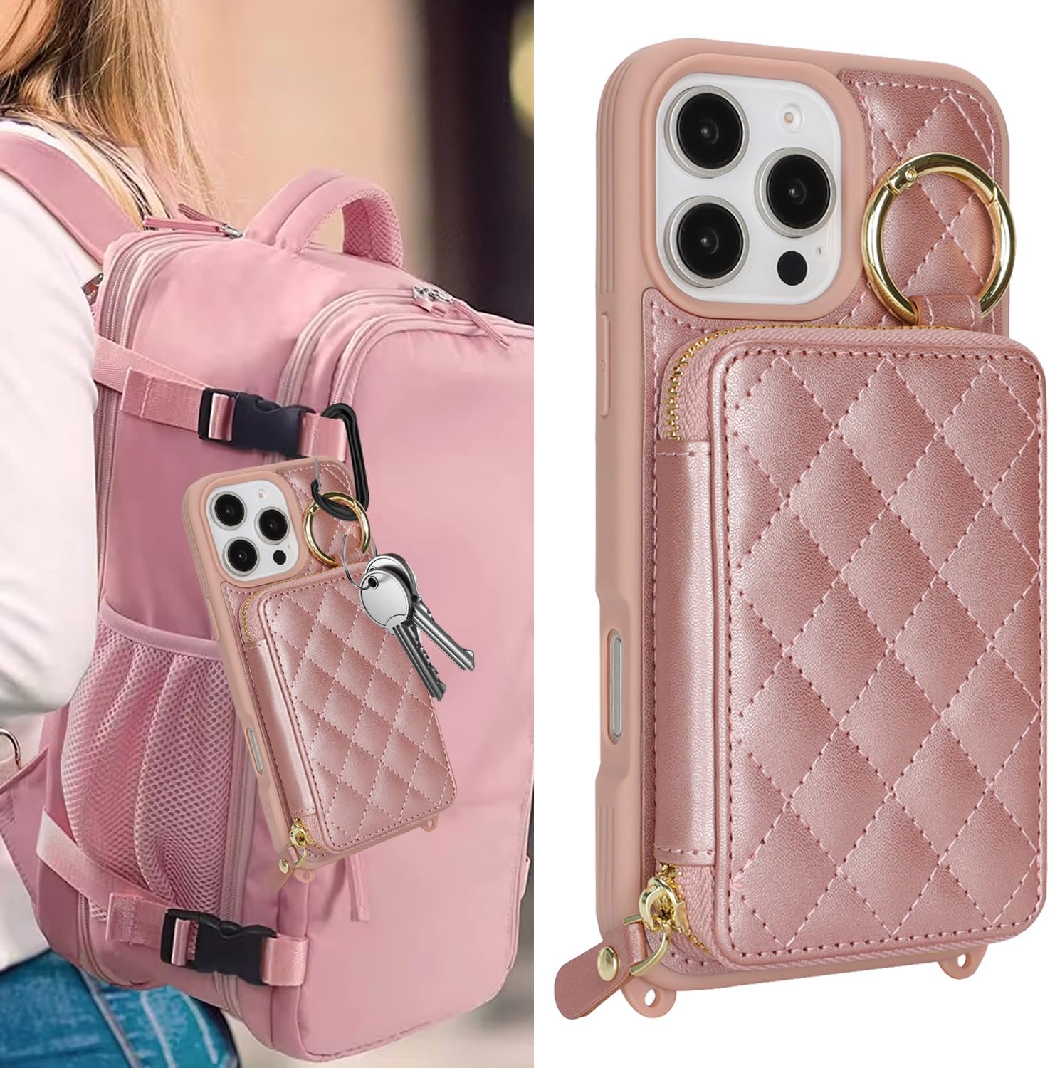 Crossbody Wallet Case for iPhone 16 Pro, PU Leather Zipper Handbag Purse Flip Cover, Kickstand Folio Case with Card Slots Holder Wrist Strap Lanyard 5G 6.3 Inch-Rose Gold - Image 2