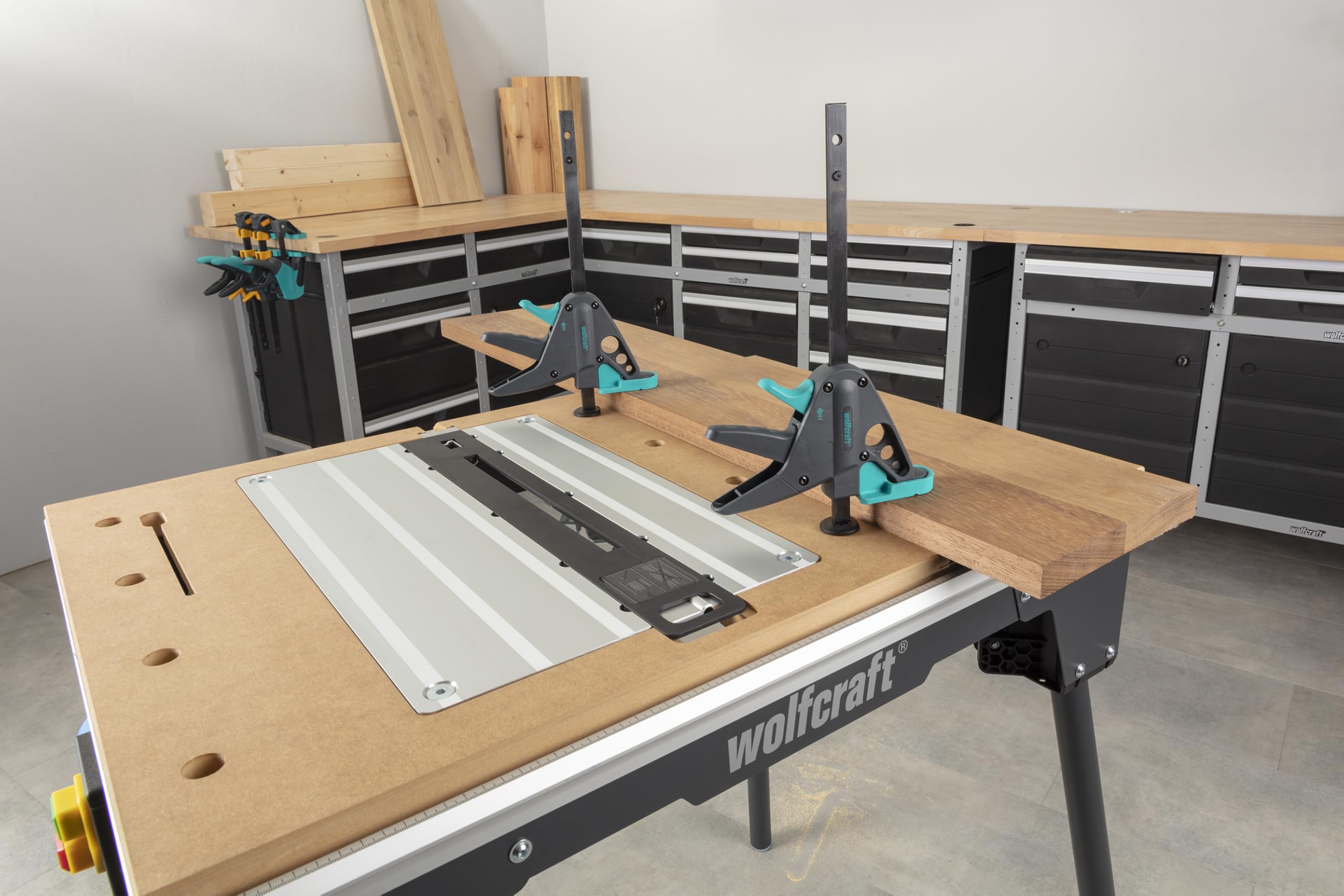 wolfcraft Maschinentisch Master Cut 2200 I 6907000 I 4-in1-Maschinentisch für den Einsatz als Tischkreissäge, Stichsägetisch, Arbeitsstation und optional als Frästisch