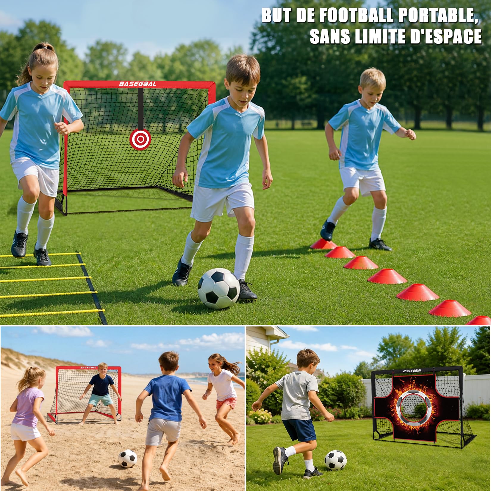 BaseGoal 3 en 1 Cage de Football pour Jardin 120x90cm | But de Foot Exterieur Pliable avec Cible Suspendue, Ballons de Football et Cônes de Football pour Adolescents