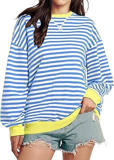 Women Striped Oversized Sweatshirt Long Sleeve Crewneck Shirt Lightweigh...