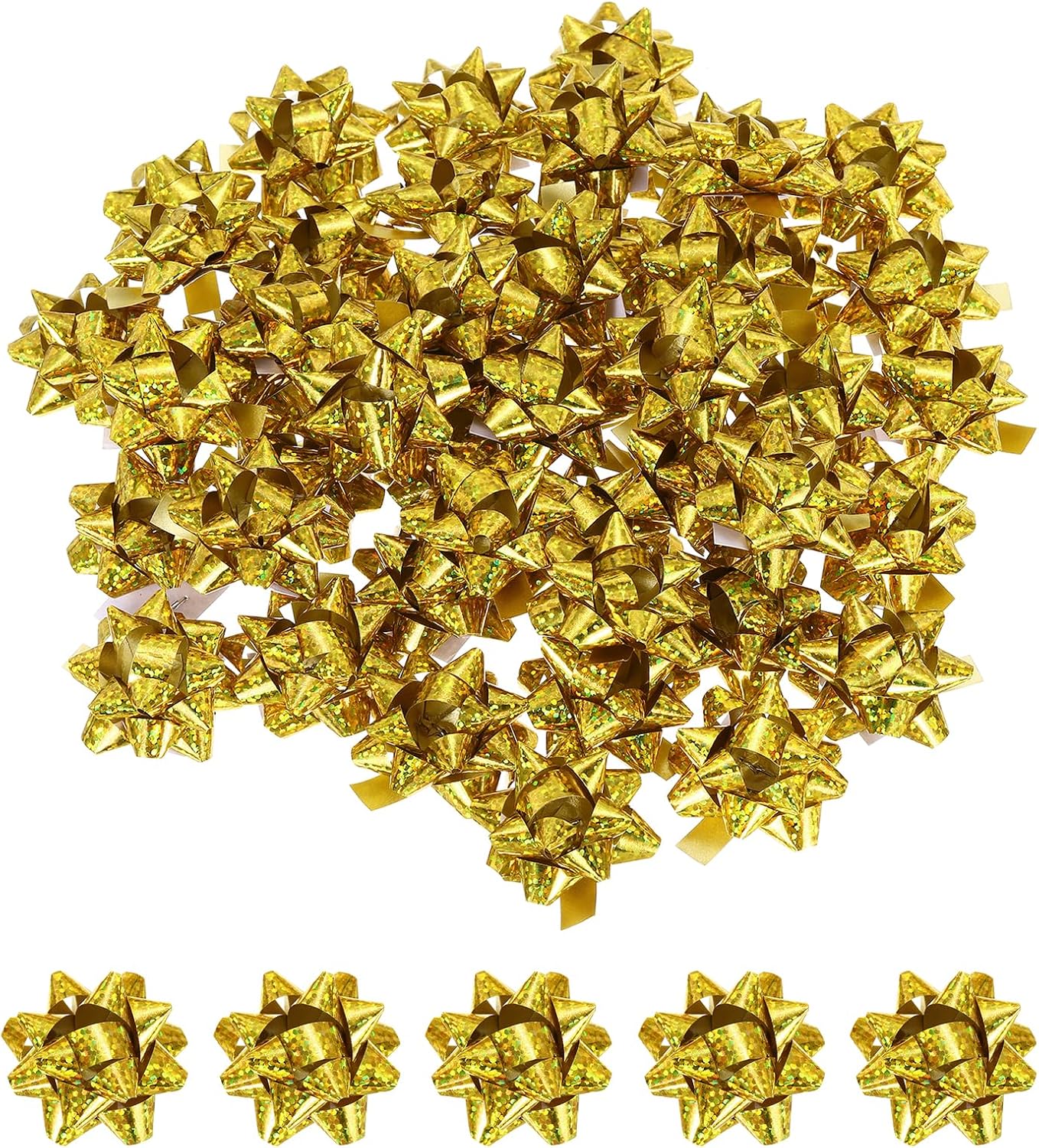 PATIKIL 1.5" Mini Star Gift Bows, 100Pcs Small Christmas Laser Gift Wrapping Self-Adhesive Bows for Holiday Weddings Birthday Party, Gold