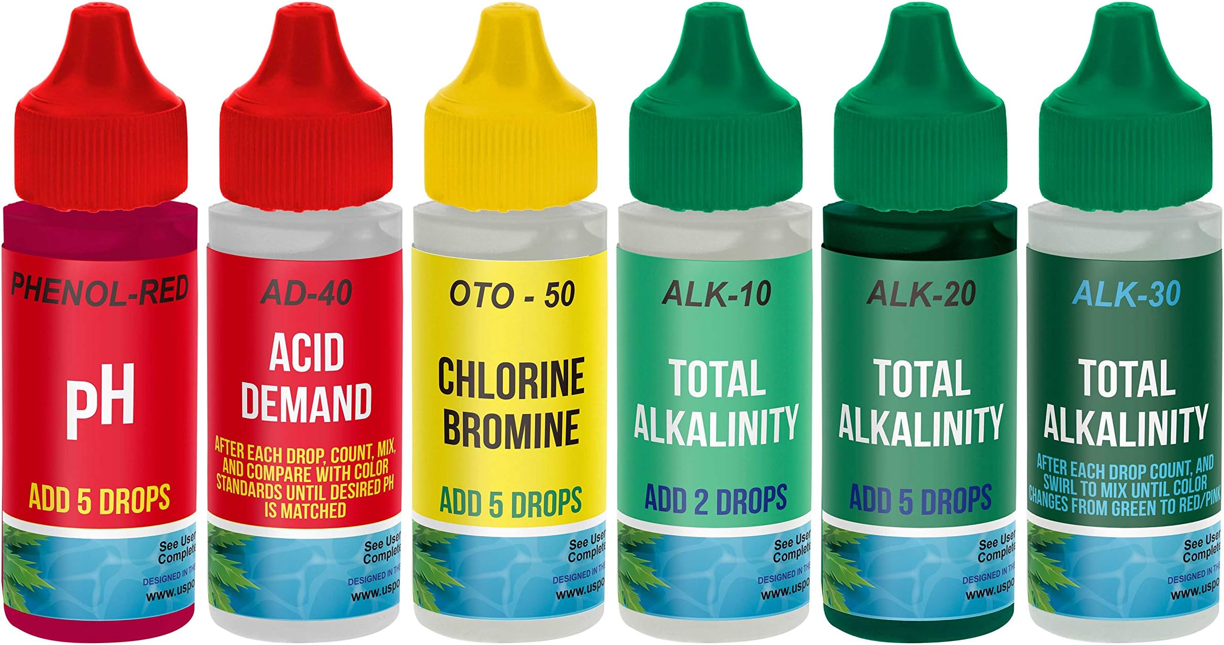 U.S. Pool Supply 6 Bottle Refill Solution Pack for Premium 5-Way Swimming Pool & Spa Test Kit - Replacement Indicator Bottles, Test Water for pH, Chlorine, Bromine, Alkalinity, Acid Demand - Chemicals