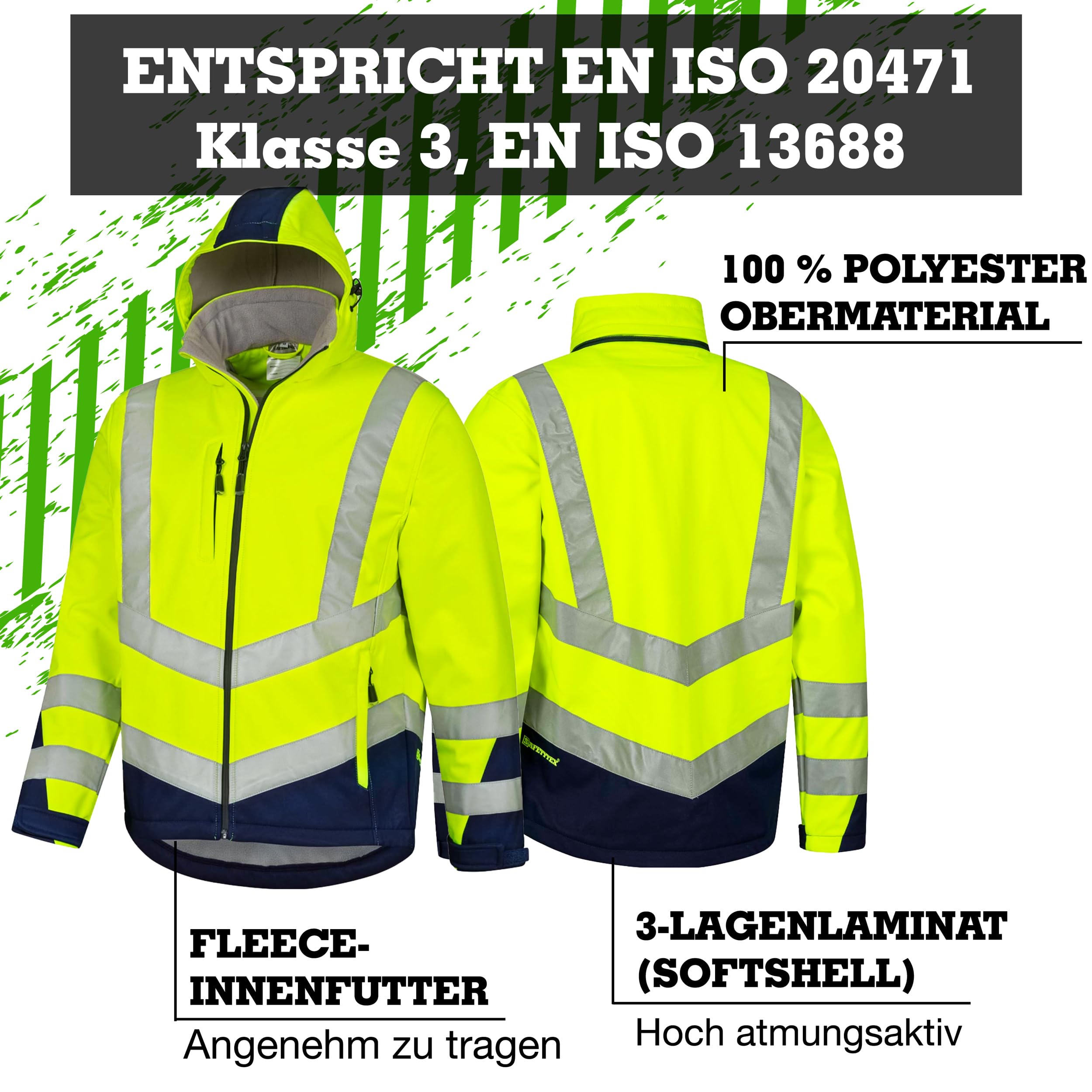 Safetytex Warnschutz Softshelljacke - Wind- und Wasserdicht - Atmungsaktiv - Hoch Sichtbar - Arbeitsjacke in verschiedenen Farben und Größen