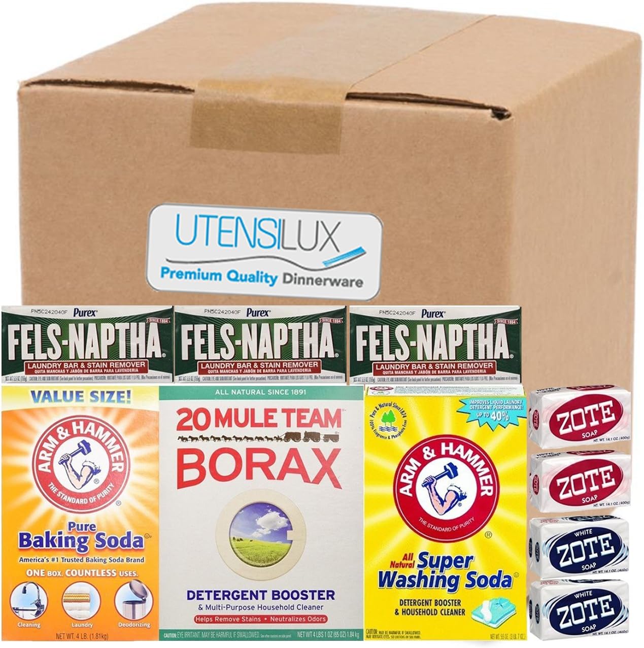 Laundry Kit - Fels Naptha 3 Bars, 20 Mule Team Borax Natural Booster, Baking Soda, Super Washing Soda, 2 Zote White & 2 Zote Pink Soap Bars