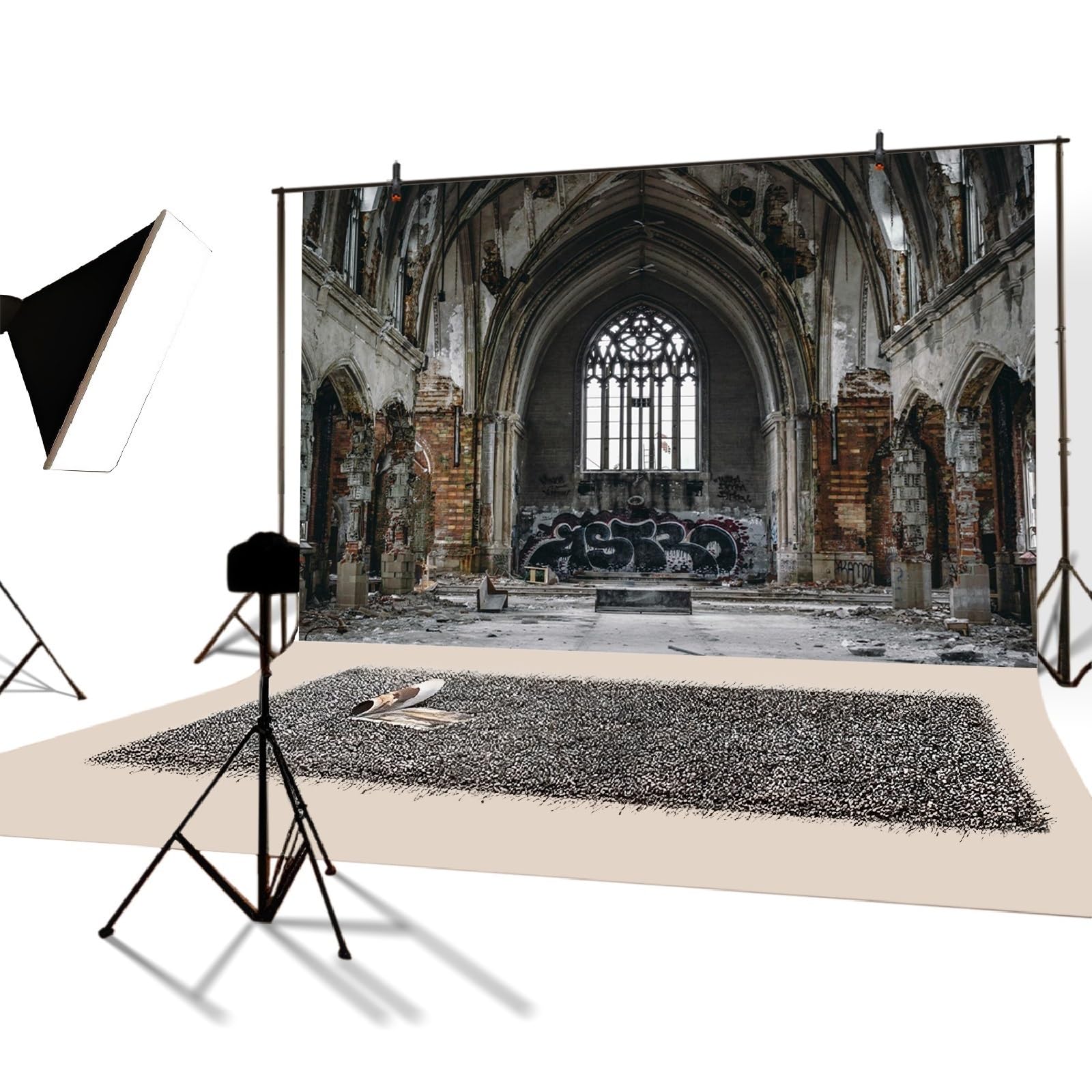 YongFoto 3,5x2,5m Vinile Sfondo Fotografico Weathered Old Church Grunge Sbucciato Muro Di Mattoni Arco Pavimento Depoca Fondale Foto Festa Bambini Boby Nozze Partito Studio Fotografico