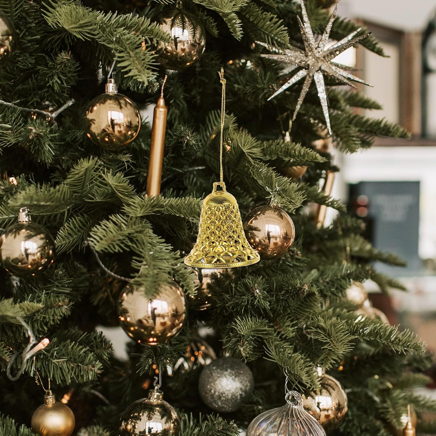 DOITOOL Gold Bell Ornaments for Crafts : 12PCS 1. 96 Inch Plastic Small Gold Jingle Hanging Decorations Vintage Bell Ornaments for Christmas Tree, Xmas Party Decorative Props,Door Window Party Home