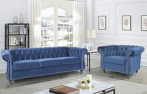 RARZOE Moderno juego de sofá de 2 piezas, contemporáneo Chesterfield de terciopelo con botones copetudos, sofá de tres plazas y silla de club con