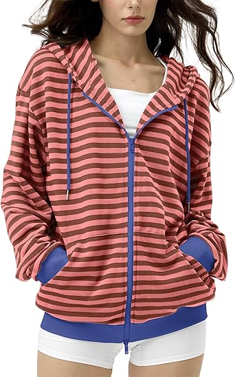 FAIABLE Striped Zip Up Hoodie Women Oversized Sweatshirt Hoodies Zipper Sweaters Pullover Cotton Vintage Preppy Shirt Outfits