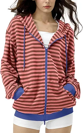 FAIABLE Striped Zip Up Hoodie Women Oversized Sweatshirt Hoodies Zipper Sweaters Pullover Cotton Vintage Preppy Shirt Outfits