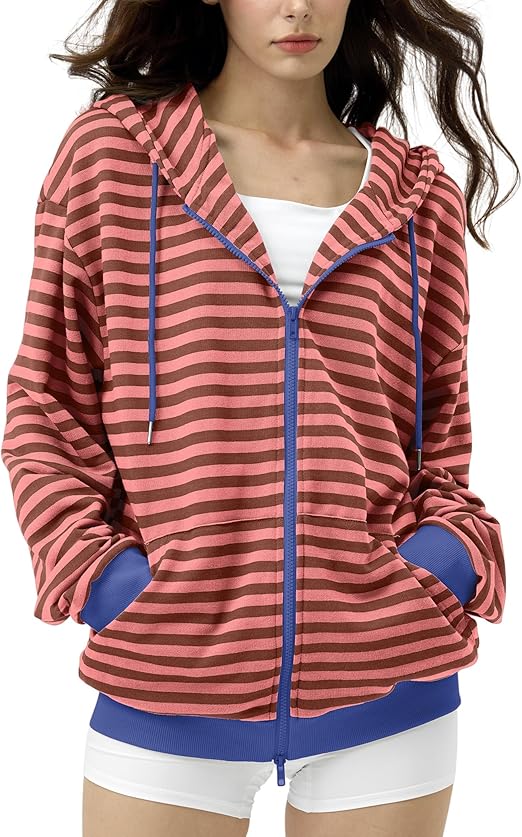 FAIABLE Striped Zip Up Hoodie Women Oversized Sweatshirt Hoodies Zipper Sweaters Pullover Cotton Vintage Preppy Shirt Outfits