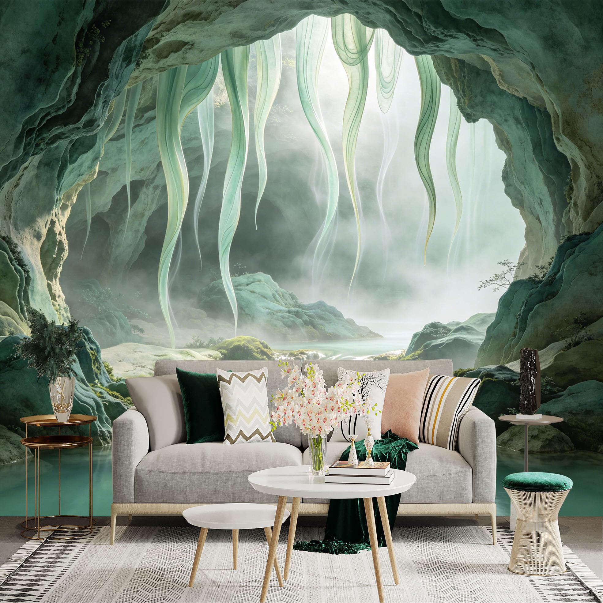 Lnzczhyre Dbh260521200 Custom Size Wall Sticker Mural， Ethereal Cave With Flowing Veils， Mystical Underground River， Serene Cavern Landscape， For Wall Decoration， Peelandstick Wall Decals.