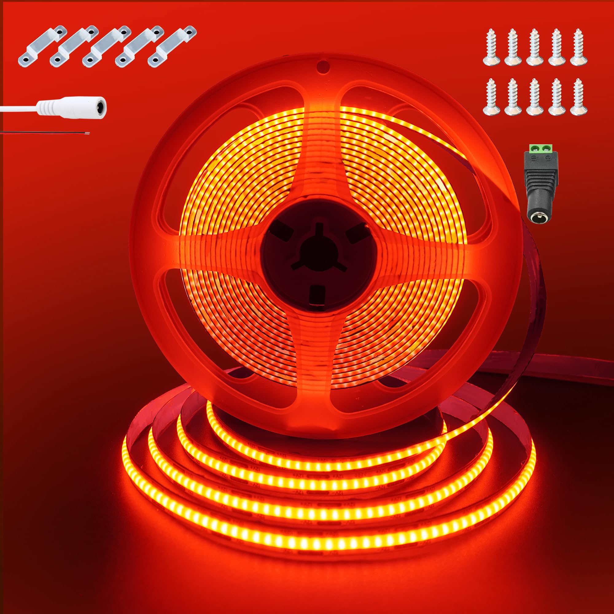 Clearhill 12V COB LED Strip Lights 16.4FT/5M(No Power Supply),Red,320LEDs/M,with 5521DC Female and red and Black Wire Connectors,8mm Width,IP20,for DIY Home Indoor Decoration