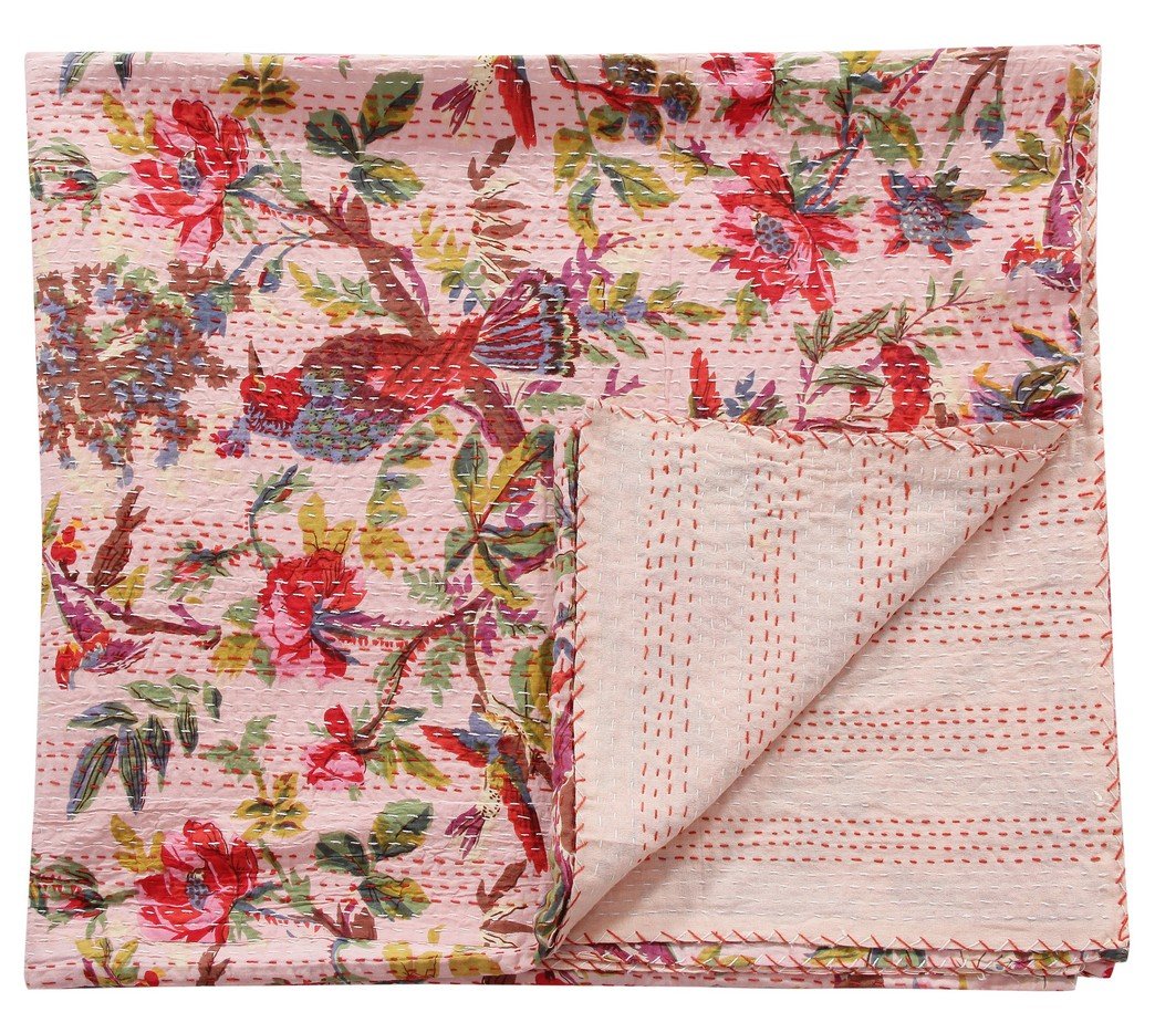 Kantha Stitch Gudri Floral Home Décor Pattern Blue Queen Size Handmade Quilt 107 X 92