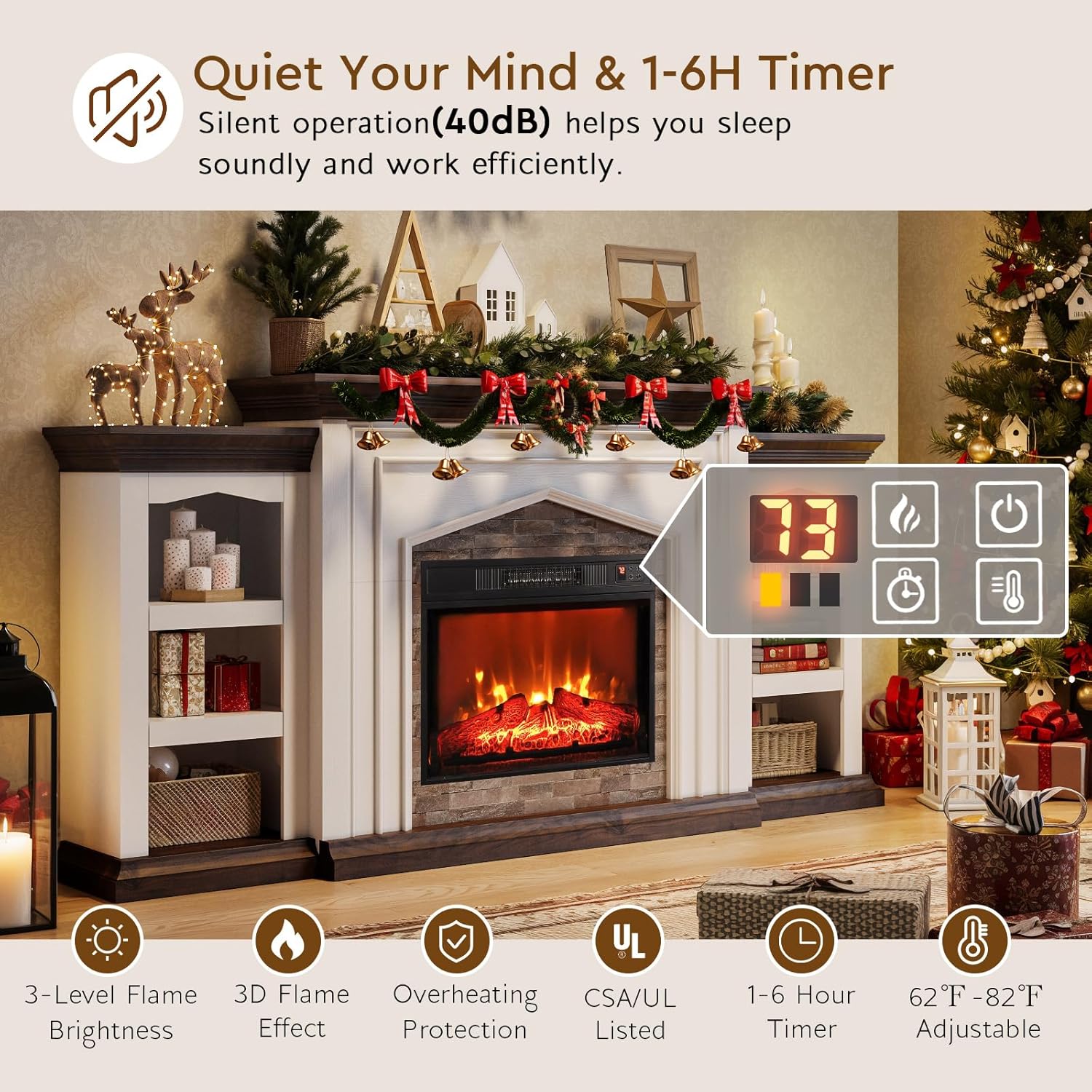 LGHM 80" Fireplace TV Stand for TVs Up to 90 Inch, Electric Fireplace with Mantel, Farmhouse Entertainment Center with Storage, Realistic Stacked Stone Surround and 3D Flame Effect for Living Room