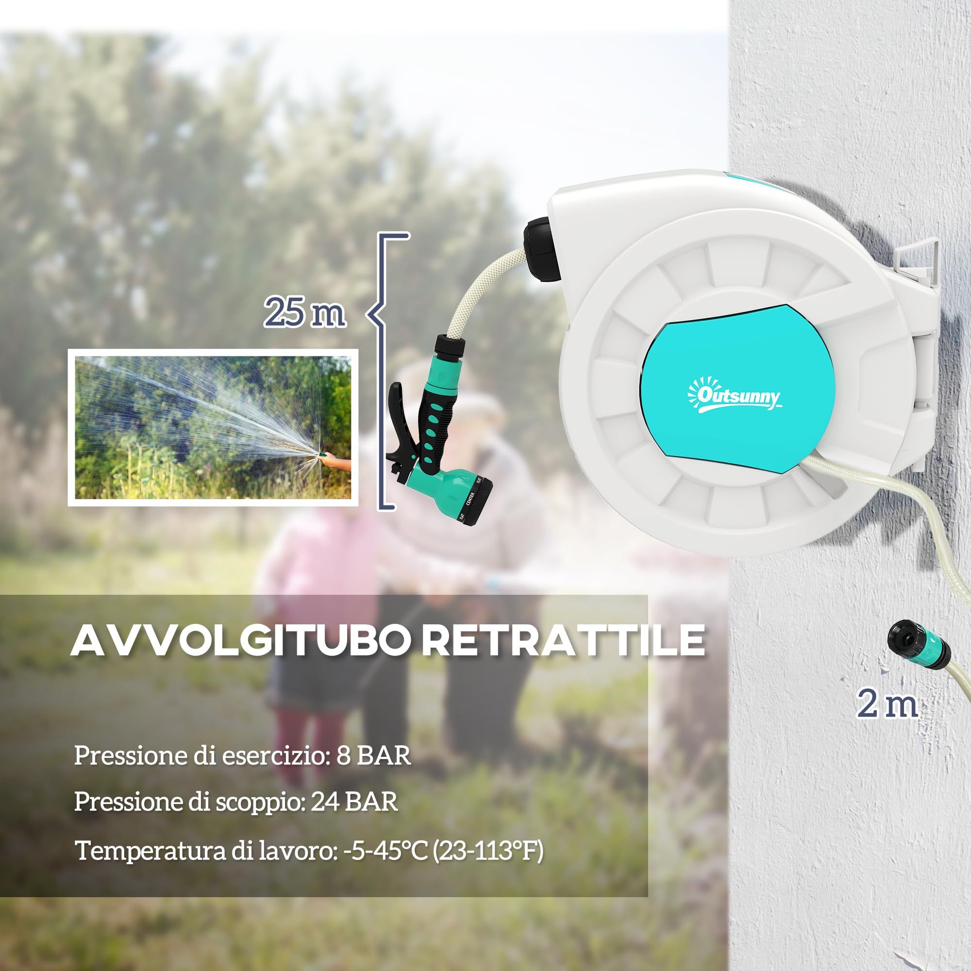 Outsunny Avvolgitubo da Giardino Retrattile con Tubo dell'Acqua 25+2 m, Avvolgitubo da Parete Girevole a 180°, Avvolgitubo Automatico con Blocco e 7 Getti per Irrigazione in PP, Verde e Grigio Chiaro