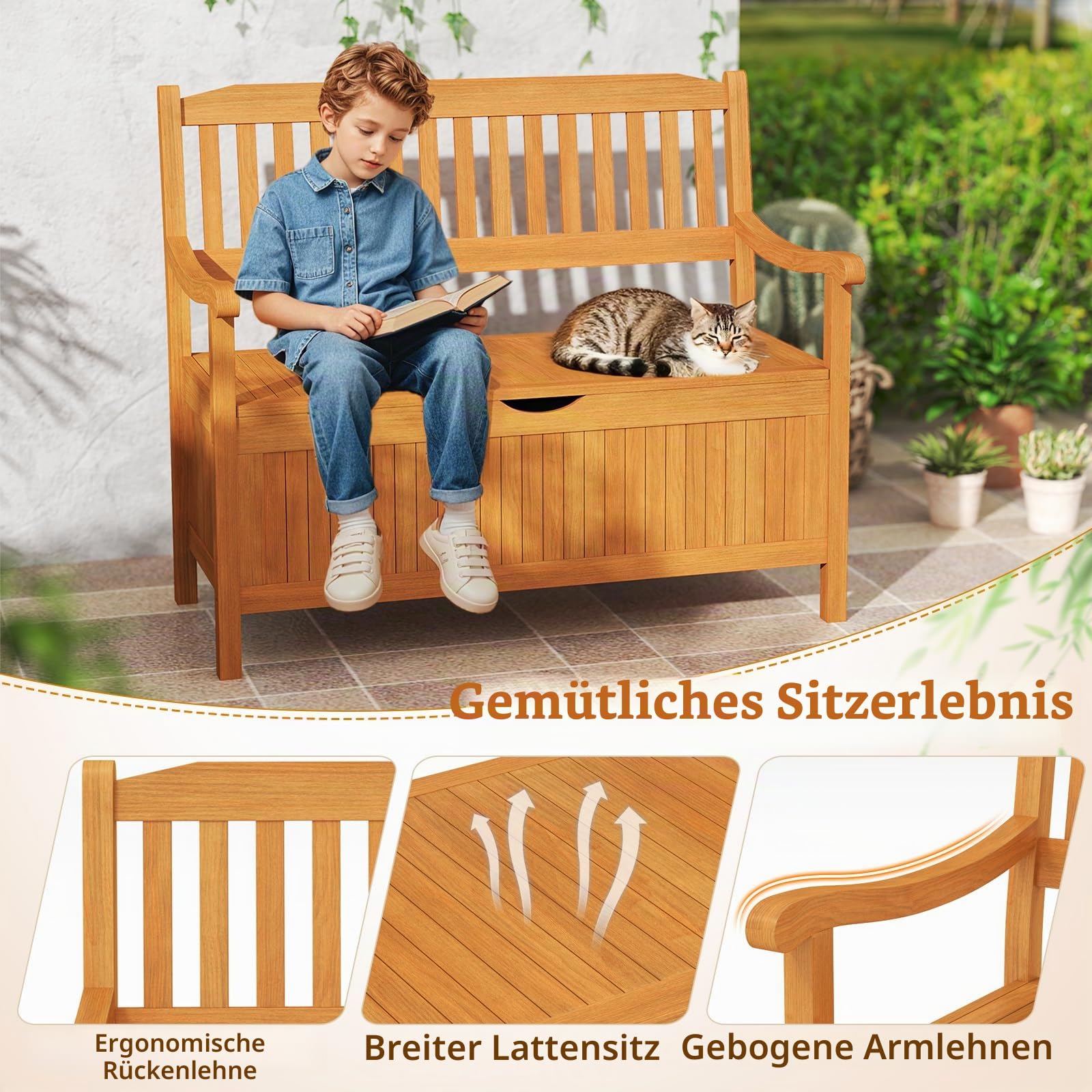 FANTASK Gartenbank Holz mit Stauraum, Aufbewahrungsbank für 2-Sitzer, Outdoor Balkonbank mit abnehmbarem Innensack bis 360kg belastbar, Natur