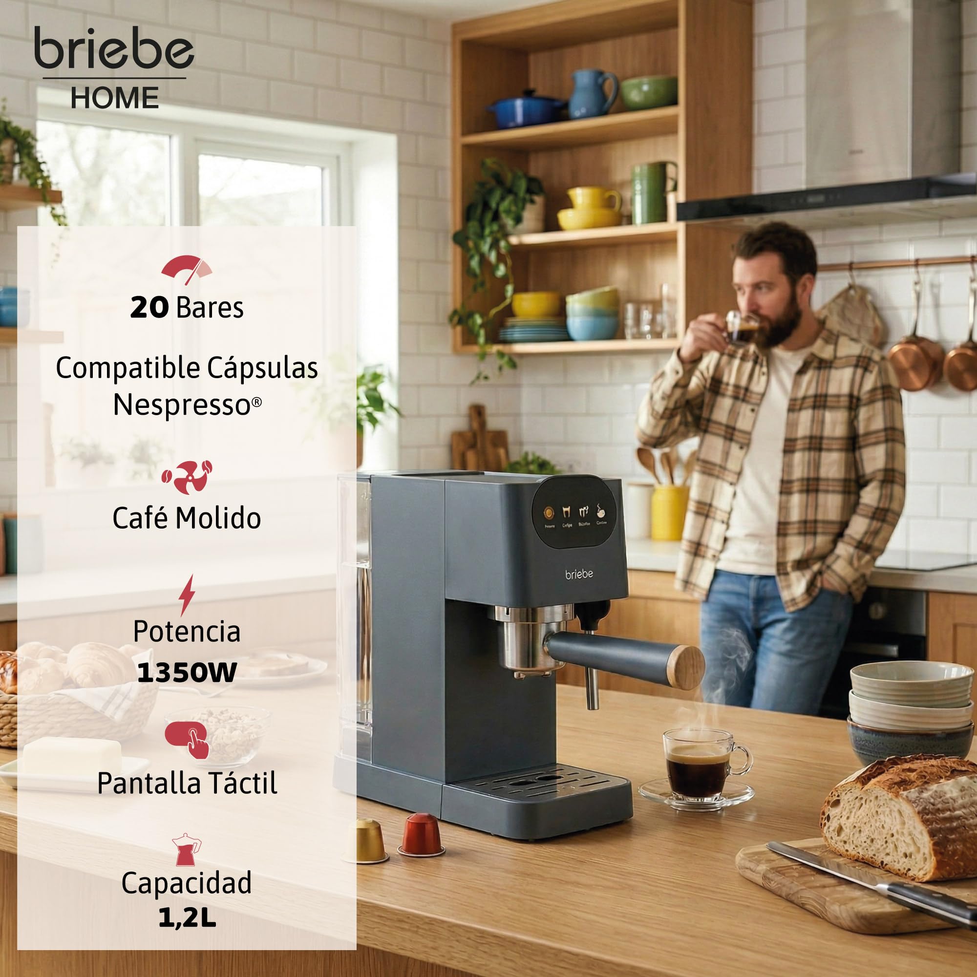 briebe Nordic Cafetera Espresso 20 Bares Compatible Cápsulas Nespresso y Café Molido, Máquina Café Semiautomática Profesional 1350W, Espumador Leche, Pantalla Táctil, 1,2L, Diseño Nórdico, Gris - 4