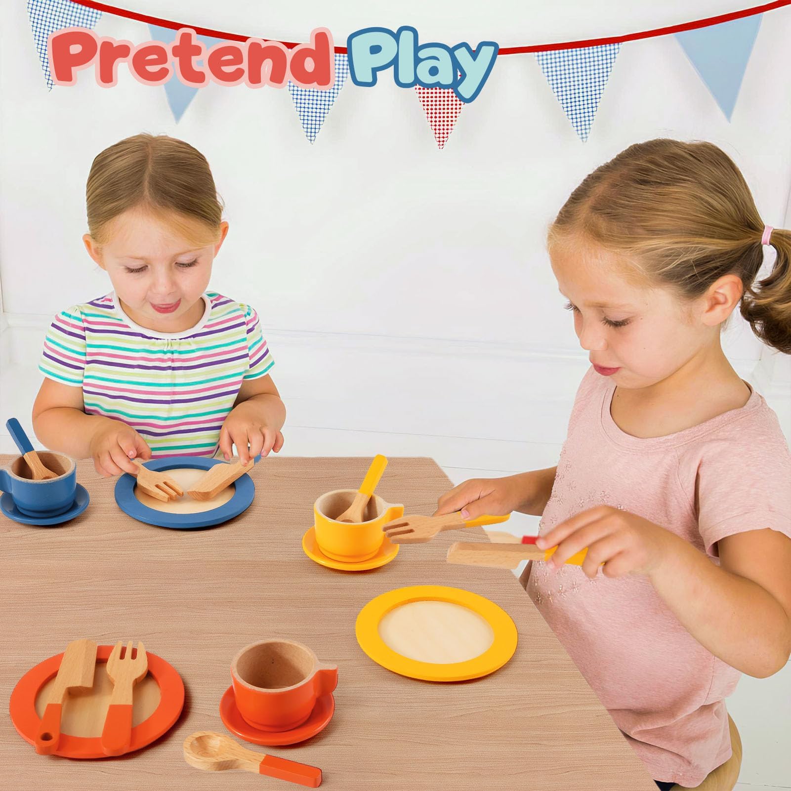 Atoylink Kinderküche Zubehör Holz Geschirr, 26Pcs Puppengeschirr Teller und Küchenutensilien Geschirrset Spielküche Küchenzubehör Kinder Holzspielzeug Geschenk für Mädchen Jungen 3 4 5 6 7 8 Jahre
