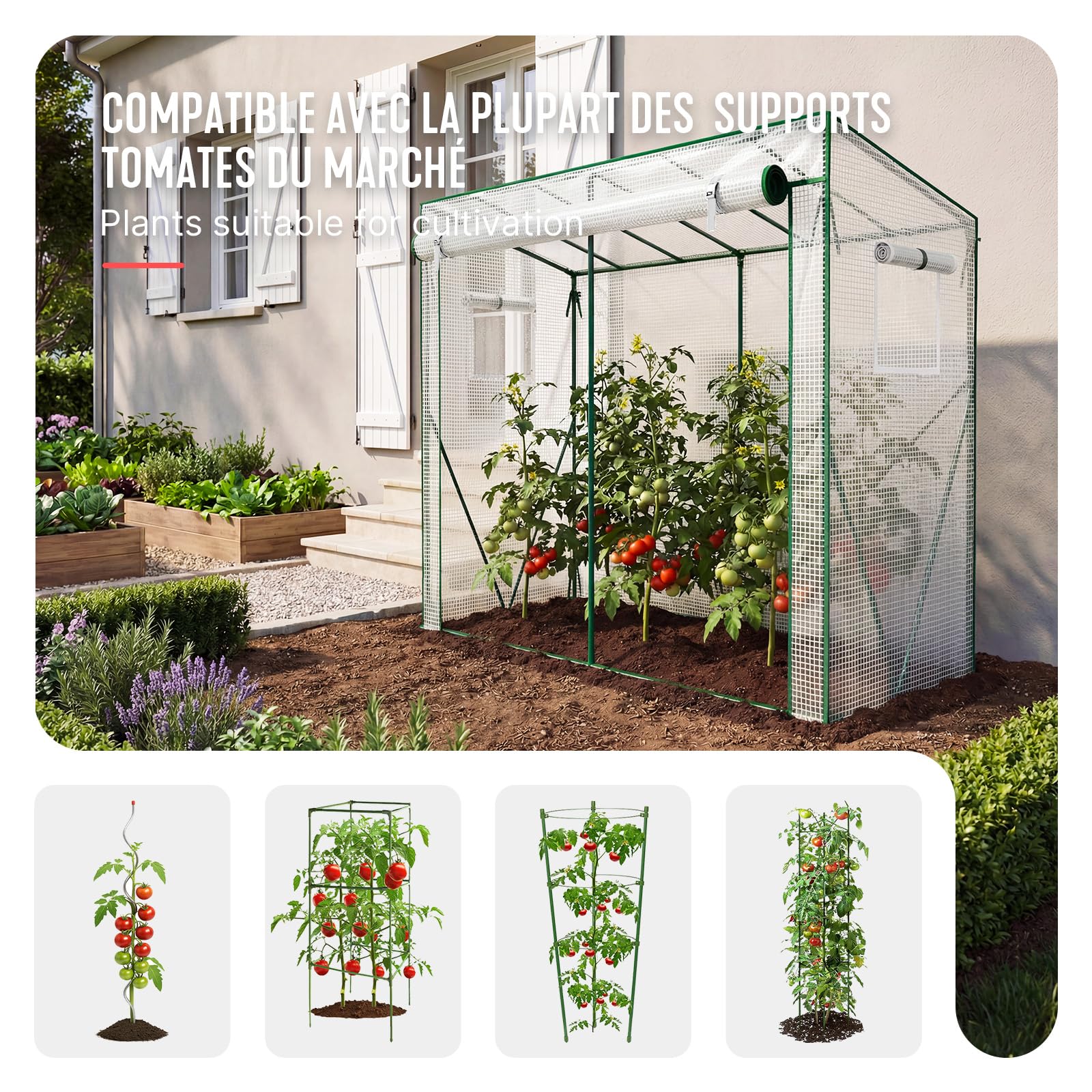 VOUNOT ® Serre de Jardin à Toit Incliné Serre à Tomate avec Grande Porte et 2 Fenêtres pour Légumes Plantes Fleurs Bâche PE Renforcée 135g/m2 Protéger Vos Plantes en Toutes Saisons 200x77x170cm Blanc