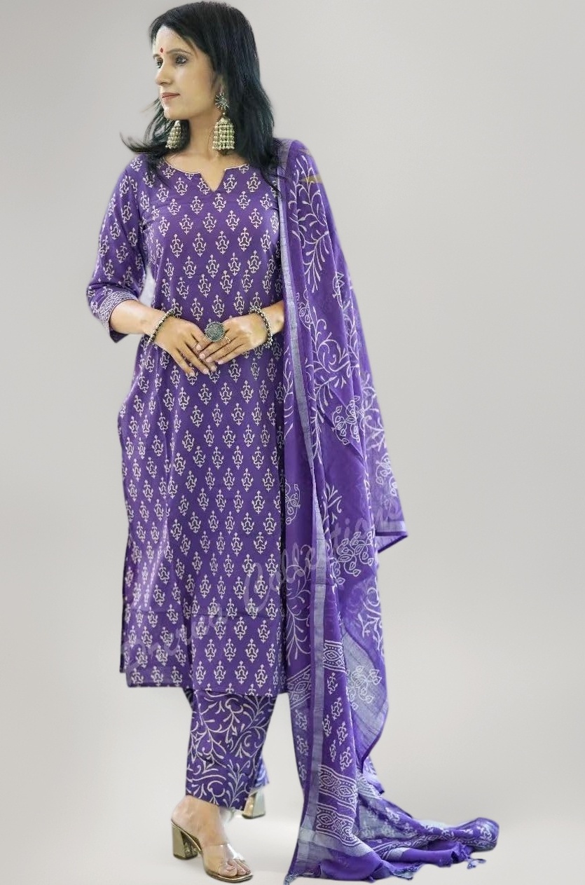 MEERA FAB Women's Cotton Printed Straight Kurta with Palazzo & Dupatta Set