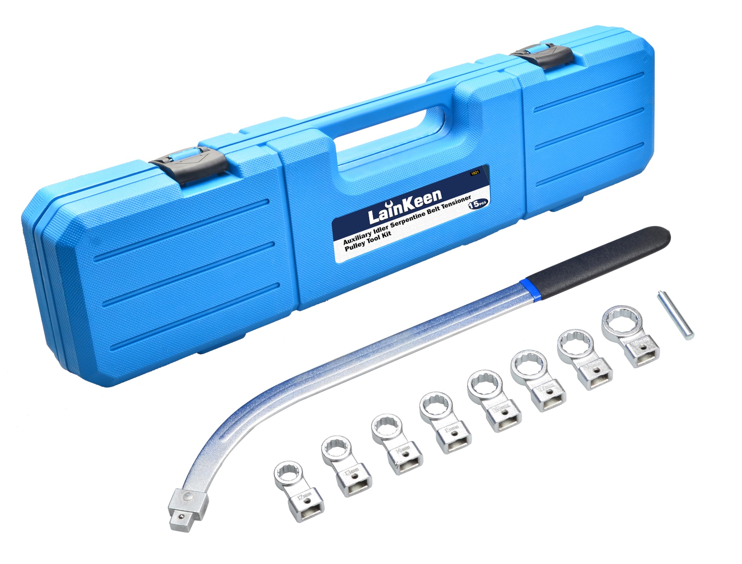 LainKeen 15PCS Auxiliary Idler Belt Tensioner Pulley Tool Kit Serpentine Timing Belt Wrench Removal Tool Set Engine Timing Curved Belt Tensioning