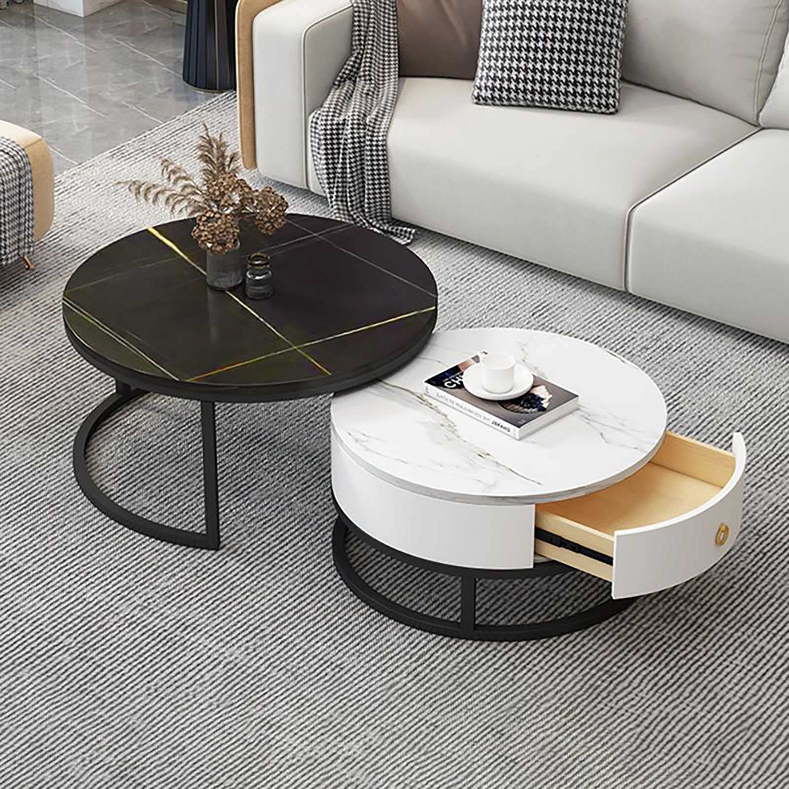 Klydbmyt Modern Marble Coffee Tables Set Of 2 With Drawer Storage For Living Room Furniture Decor Sleek Slate Texture And Metal Frame For Multipurpose Use