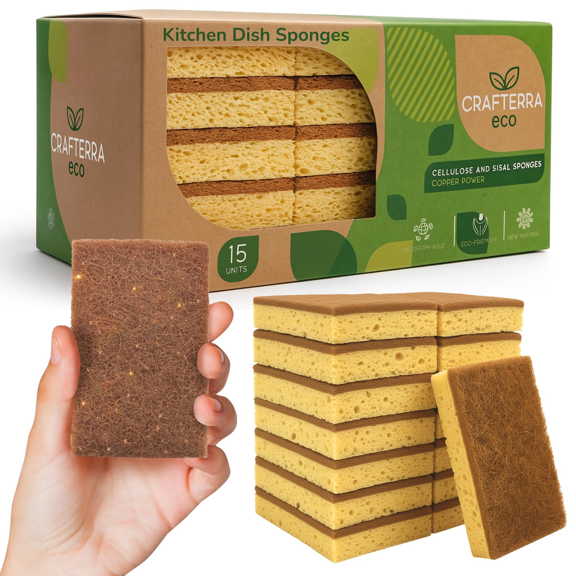 Natural Sponges for Dishes Washing Kitchen Cleaning Plant Based 15Pack Eco Sponges Cellulose Sisal Scrubber Non Scratch Scrub