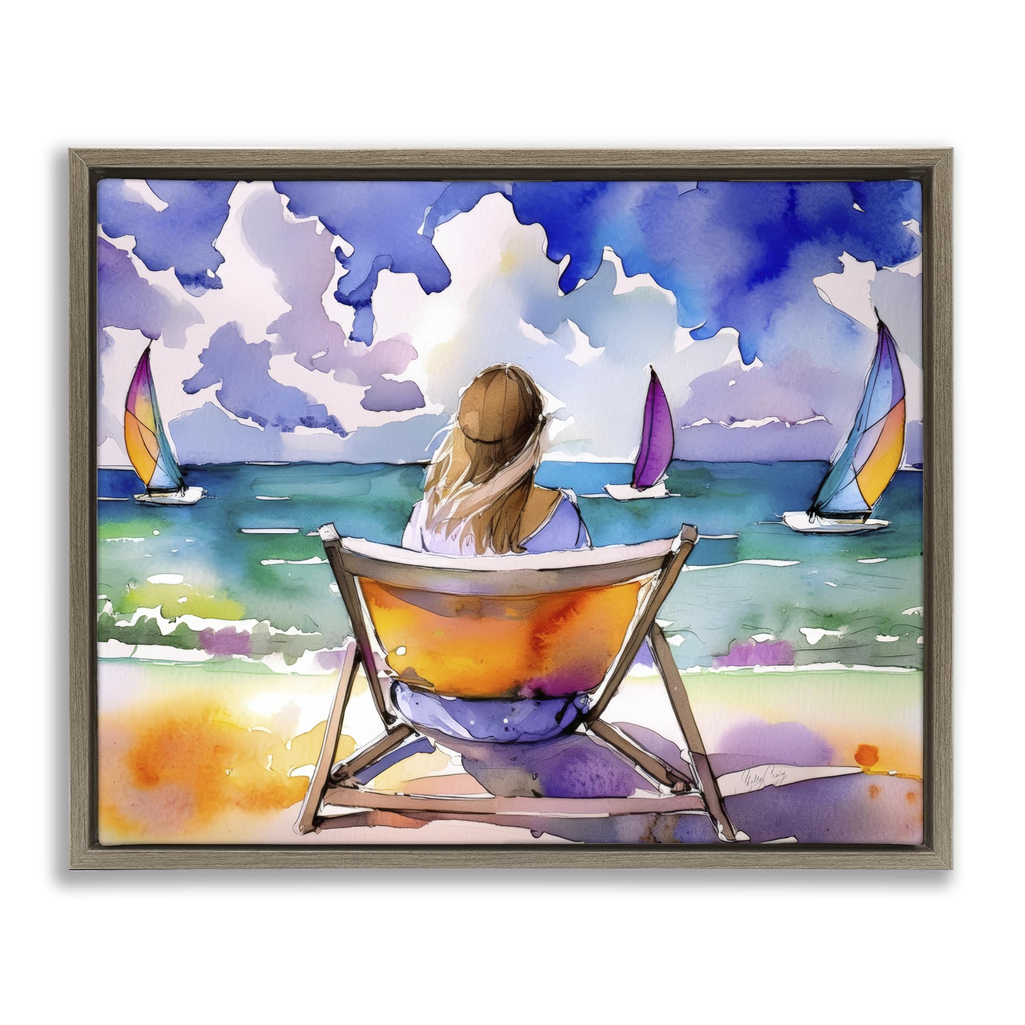 Stupell Industries Seaside Woman Beach Chair 'Front Row To Paradise', Floating Frame Canvas Art, Brown, 21 X 17 Inches, Easy To Hang And Sturdy, Made In Usa, By Shelly Craig