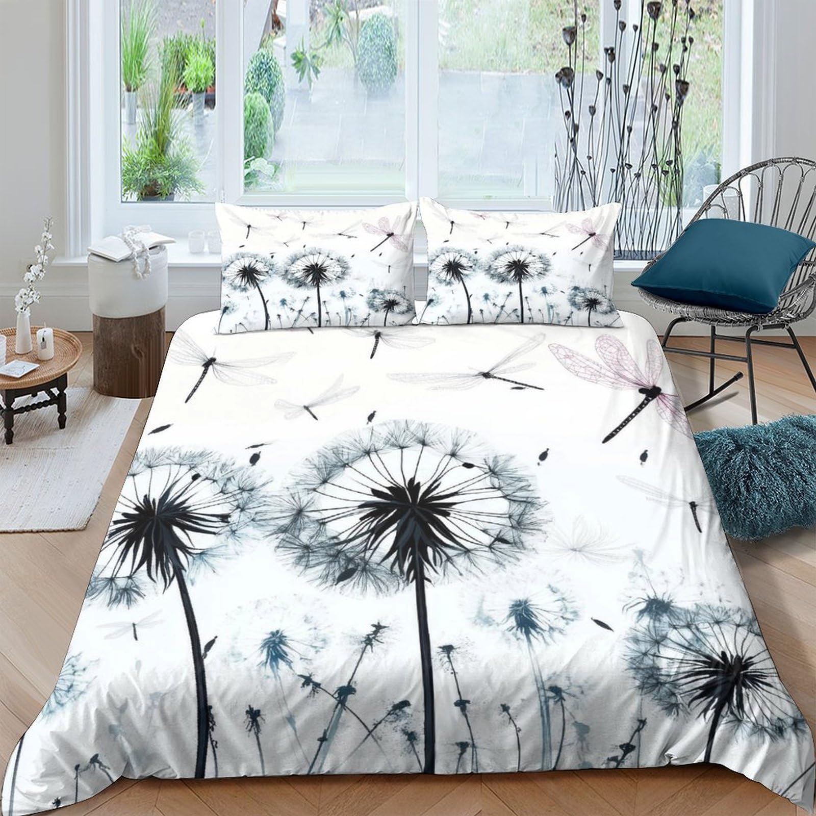 Ctjqhvkz Style-8 3D Printed Dandelion Meadow Fitted Sheet Microfiber Soft White Black Windblown Bed Cover For Bedroom Decor Single（135X200cm）