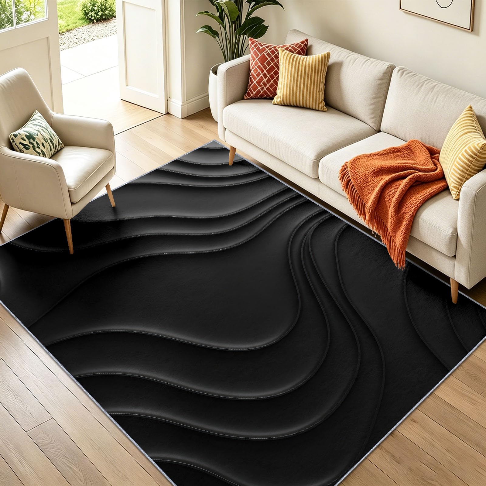 Industriel Minimaliste Interieur Doux Tapis, Relief Noir Lignes Contour Topographiques, 60 x 90 cm | Tapis Salon Chambre Descente de Lit Salle a Manger Bureau, AntidéRapant Lavable Tapis