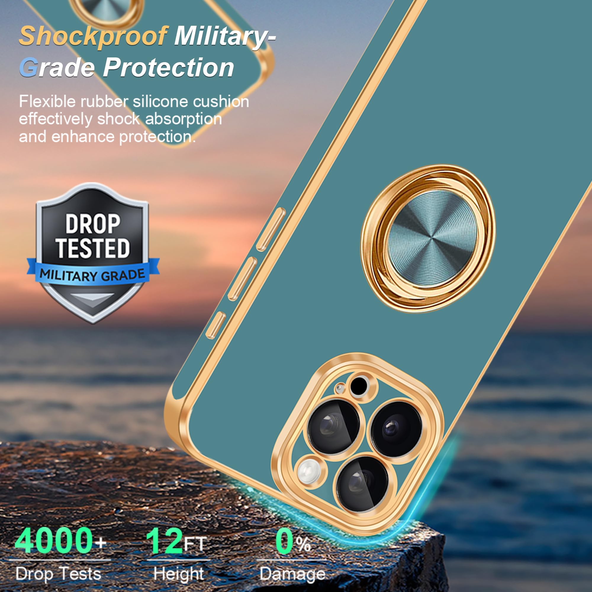 Fingic Custodia Per IPhone 15 Pro Max Con Anello Girevole 360° E Supporto Magnetico Per Auto - Nero/Oro - 4