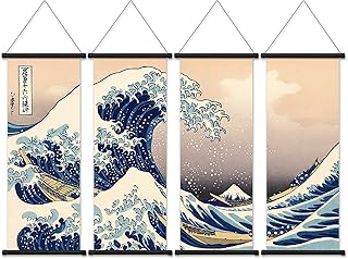 Geosar 4 Pcs Japanese Wall Art The Great Wave Hanging Poster with Frames Japanese Traditional Art Ocean Wave for Wall Bedroom Living Room Office Decoration, 12 x 31.5 Inches x 4 Pcs Set
