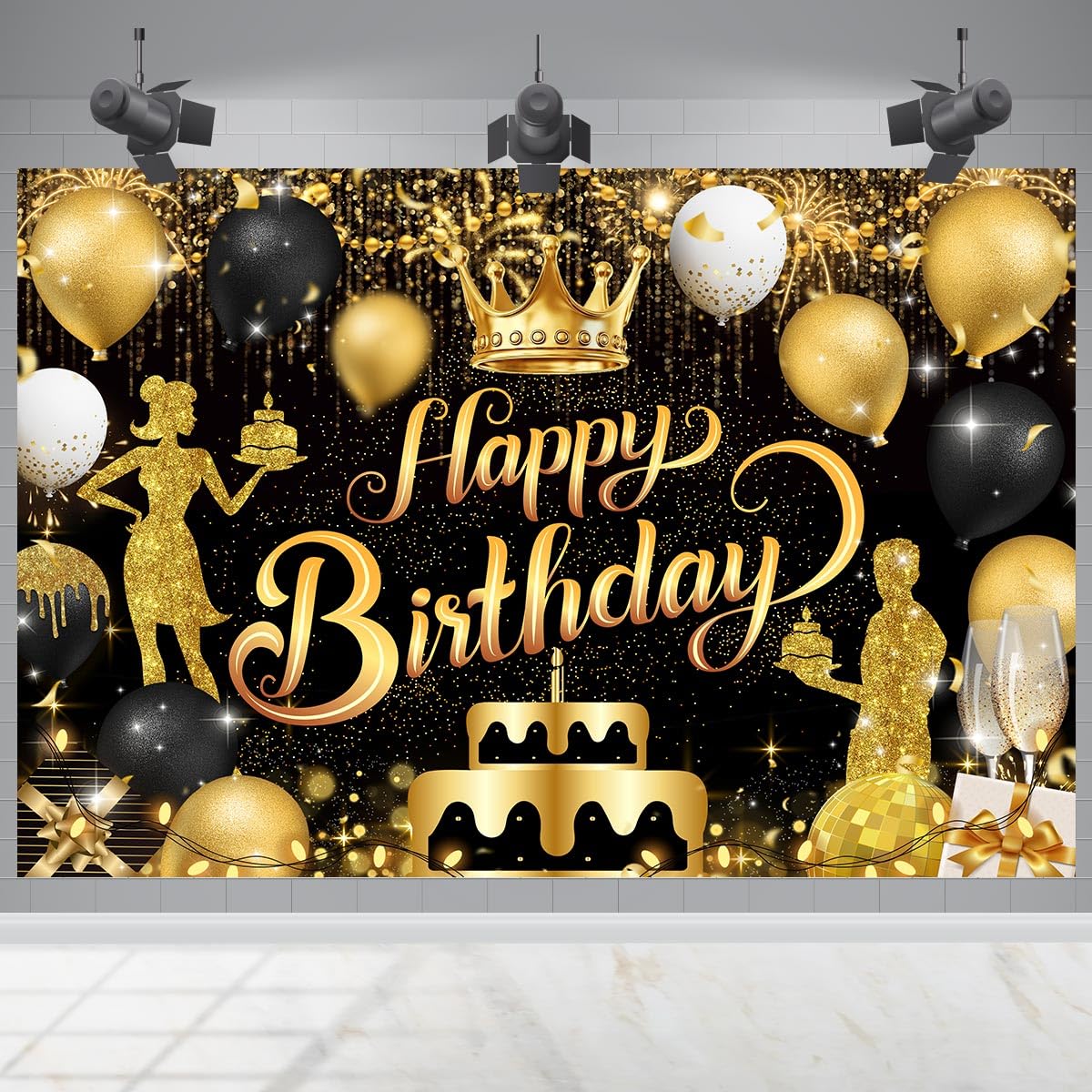 Happy Black Gold Birthday Backdrop 5x3ft Women Birthday Party Banner Sparkling Balloon Fireworks Sign Decoration Backdrop for Photo Photography Studio
