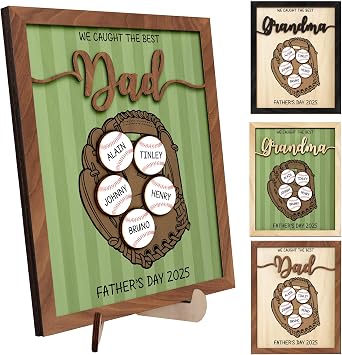 Personalized We Caught the Best Dad Baseball, Gifts Fathers Day from Son, Art Craft Family Keepsake Wood Frame Birthday Softball Gift for Dad Grandpa Daddy Papa, Family Memories Sign with Kids Names
