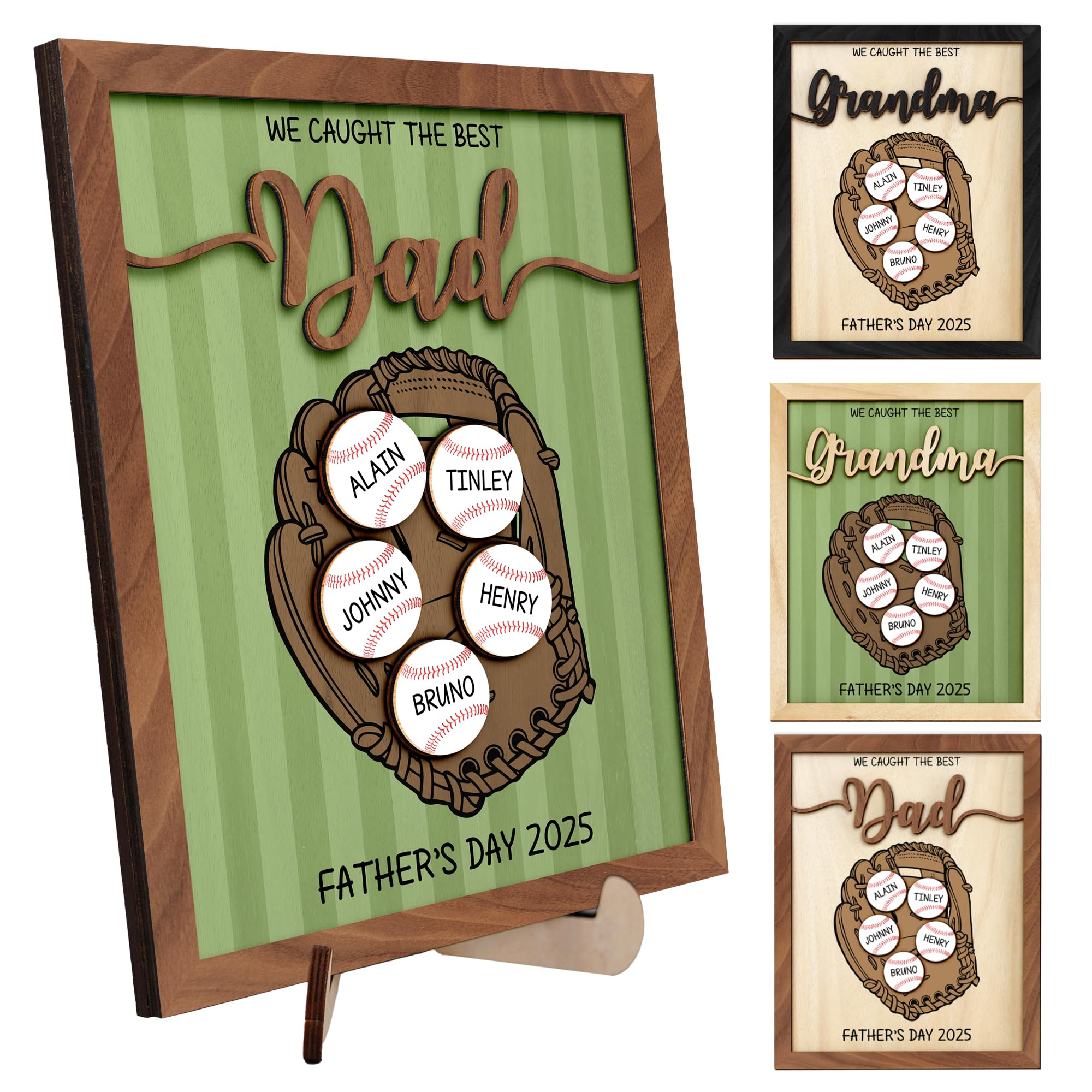 Personalized We Caught the Best Dad Baseball, Gifts Fathers Day from Son, Art Craft Family Keepsake Wood Frame Birthday Softball Gift for Dad Grandpa Daddy Papa, Family Memories Sign with Kids Names