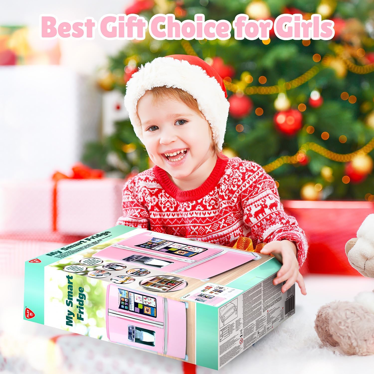 Refrigerator Toy Fridge with Ice Dispenser, Kids Pretend Play Kitchen Accessories with Toy Food Drink Bottles Milk Cans, Play Kitchen Appliances Set for Girls Age 3+, White