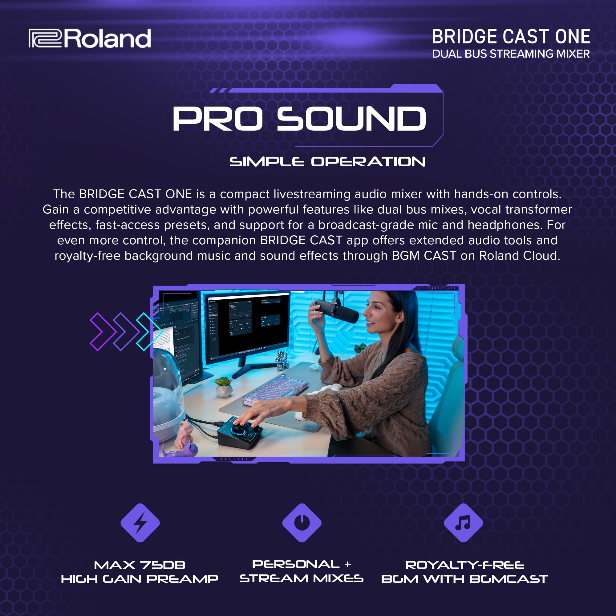 Roland BRIDGE CAST ONE Mélangeur de streaming double bus | Mélangeur de streaming audio compact | Pour les joueurs en ligne et les créateurs de contenu | DSP matériel 32 bits | Connectivité USB-C