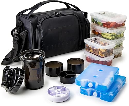 ThinkFit Lonchera aislada para preparación de comidas con 6 recipientes de control de porciones sin BPA, reutilizable, apta para microondas,