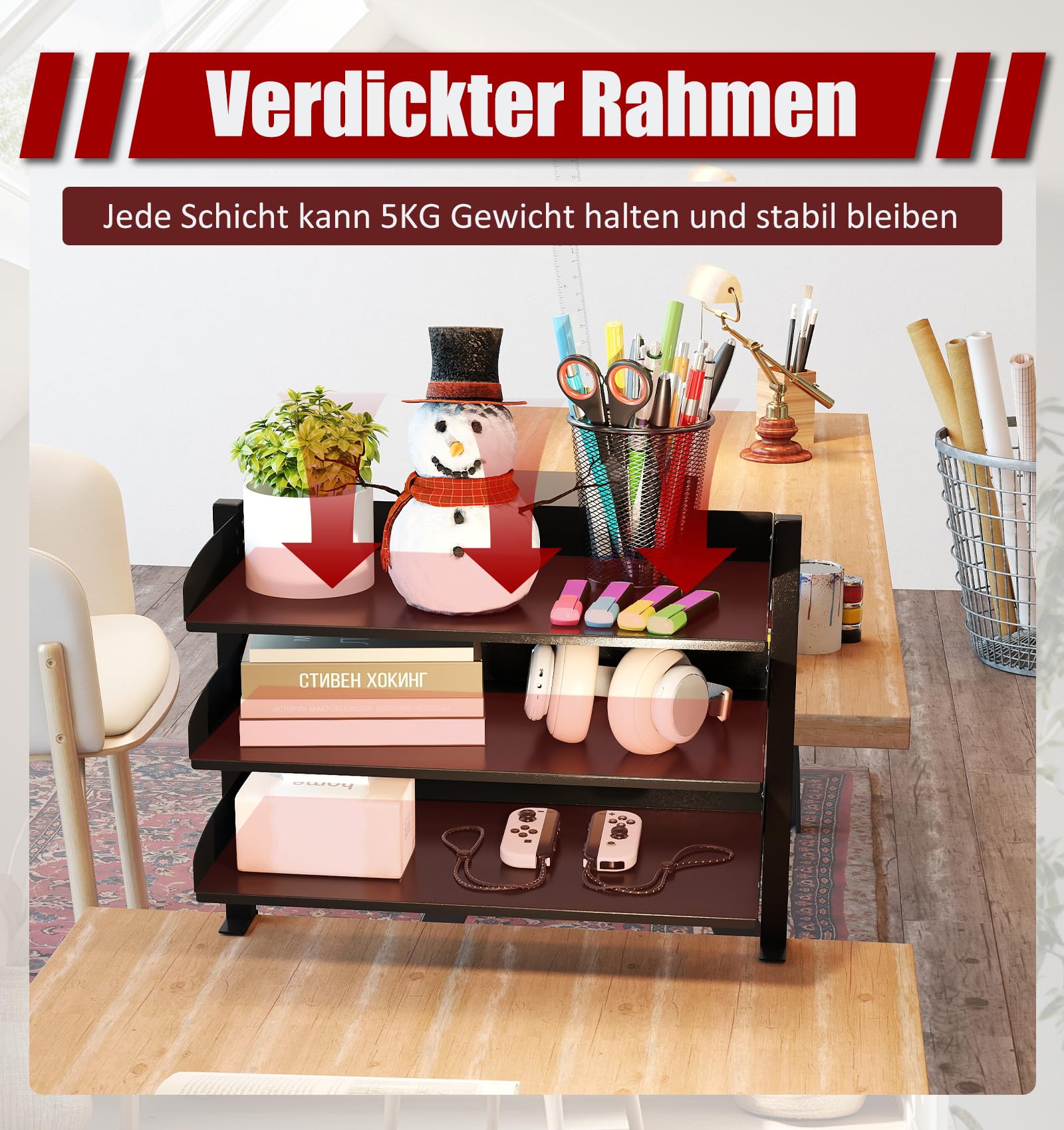 uyoyous Klemmbares Schreibtisch Organizer Regal 3 Tier Einstellbar Büro Organizer Kohlenstoffstahl Schreibtisch Erweiterung Klemmregal Schreibtischregal Tischregal für Büro, Home, Schule (44×22×39cm)