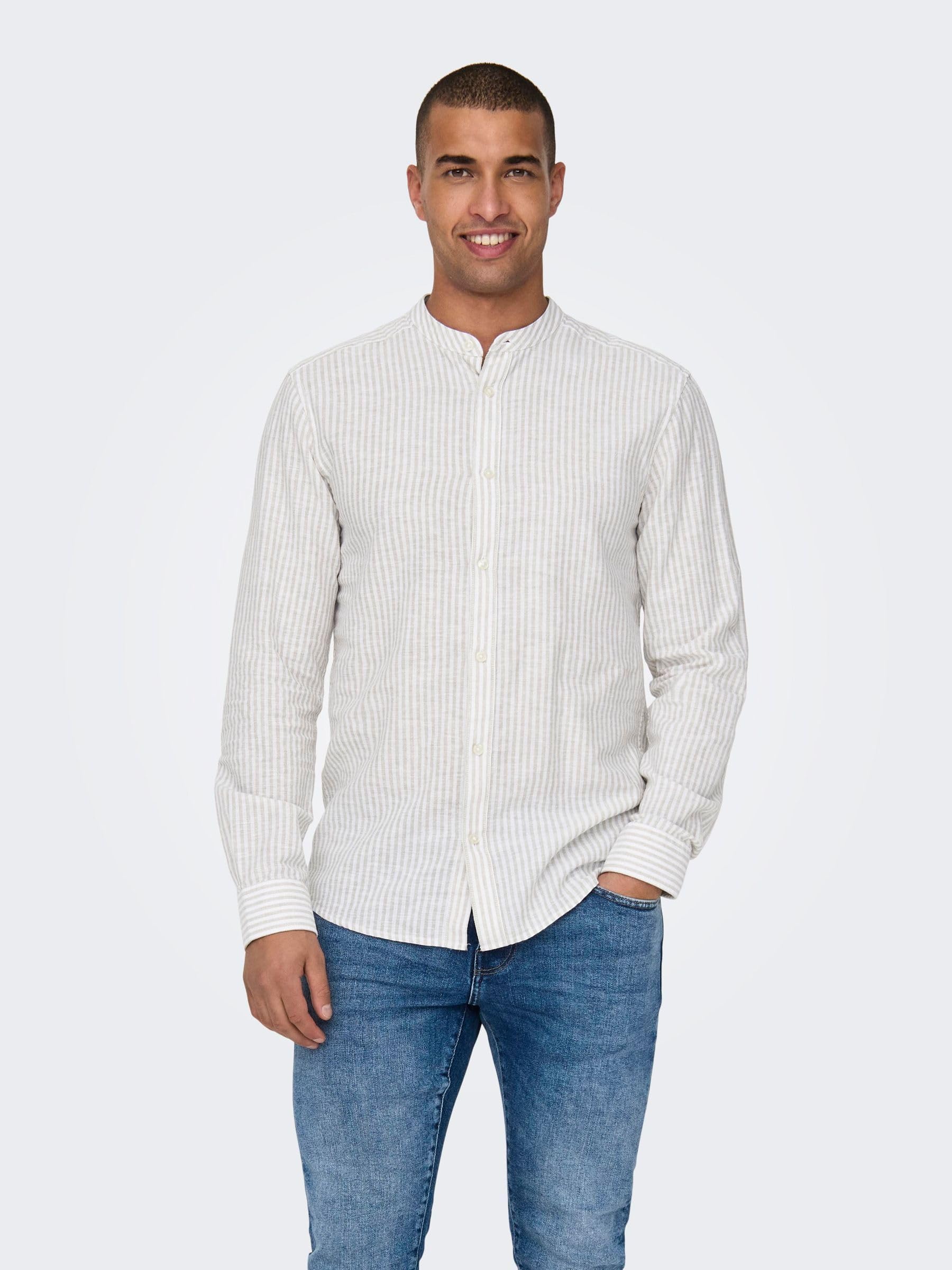 Camicia in Lino a Maniche Lunghe a Righe Uomo ONLY&SONS Slim Fit Top