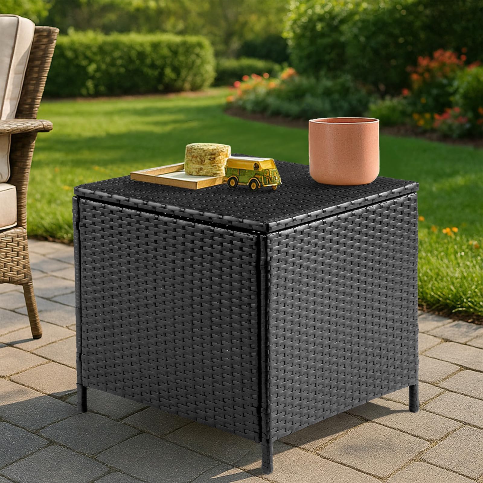 VINGLI Outdoor Side Table with Storage, 27-Gallon Patio Deck Box Outdoor Wicker Side Table for Poolside Balcony Storage Table (Black, Square)