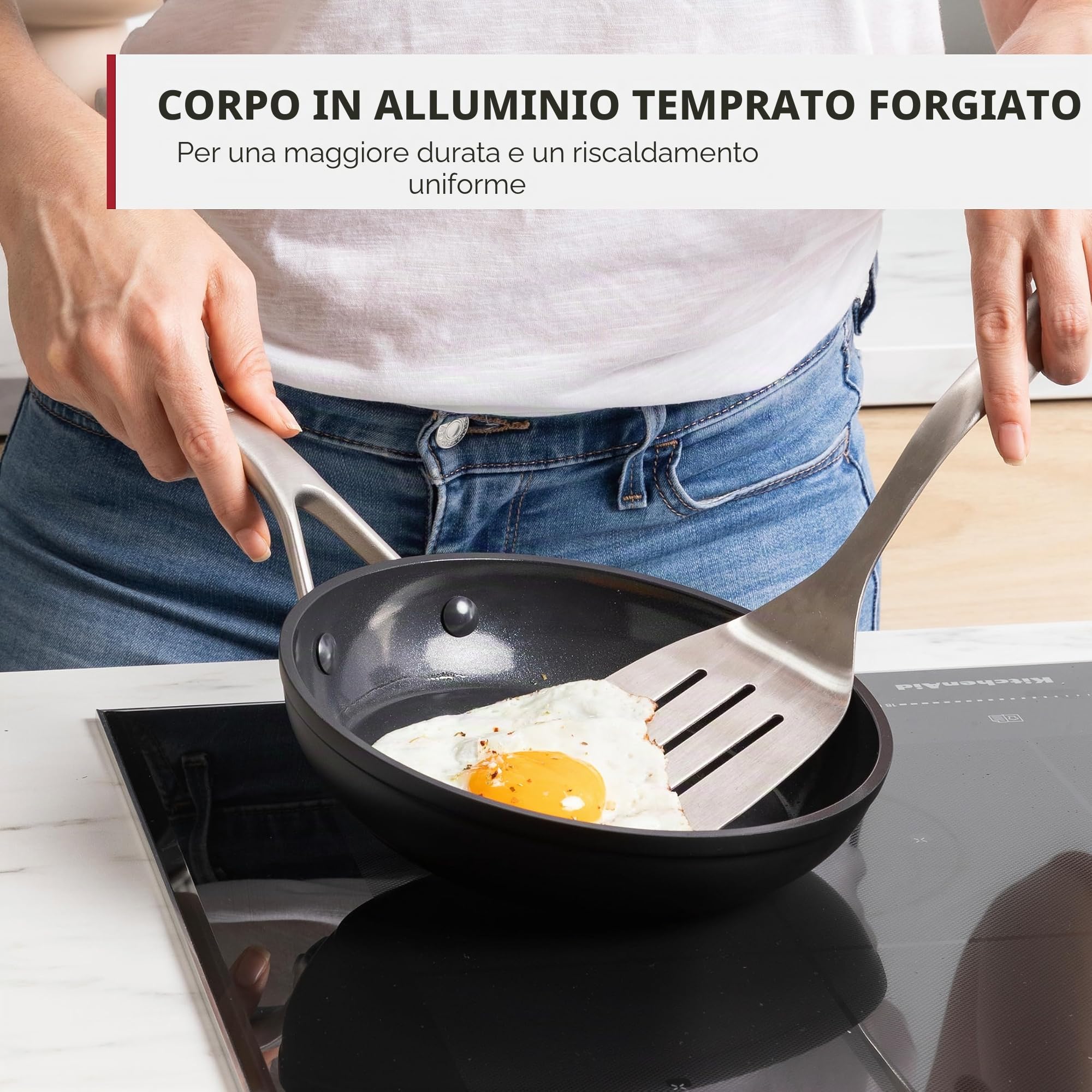 KitchenAid Forged Hardened Set di Padelle antiaderente in Alluminio Forgiato anodizzato Senza PFAS Ceramica antiaderente, 20 cm, 24 cm e 28 cm, induzione adatto al forno lavabile in lavastoviglie nero