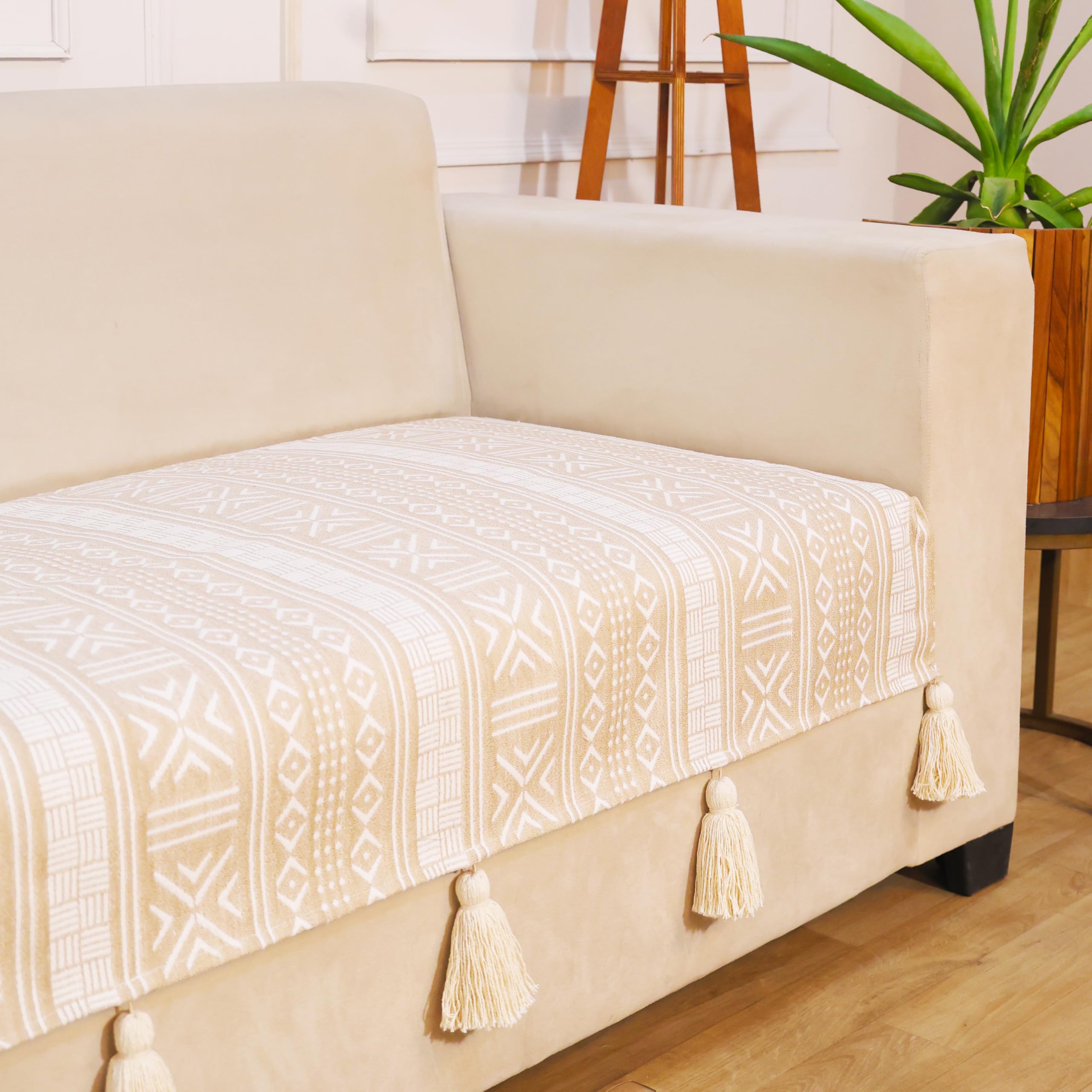 STITCHNEST 'Verdant Bohemian Stories' 3 Seater Sofa Cover| Elegant Jacquard Fabric, Decorative Tassels, Washable & Durable for Modern Living-image-8