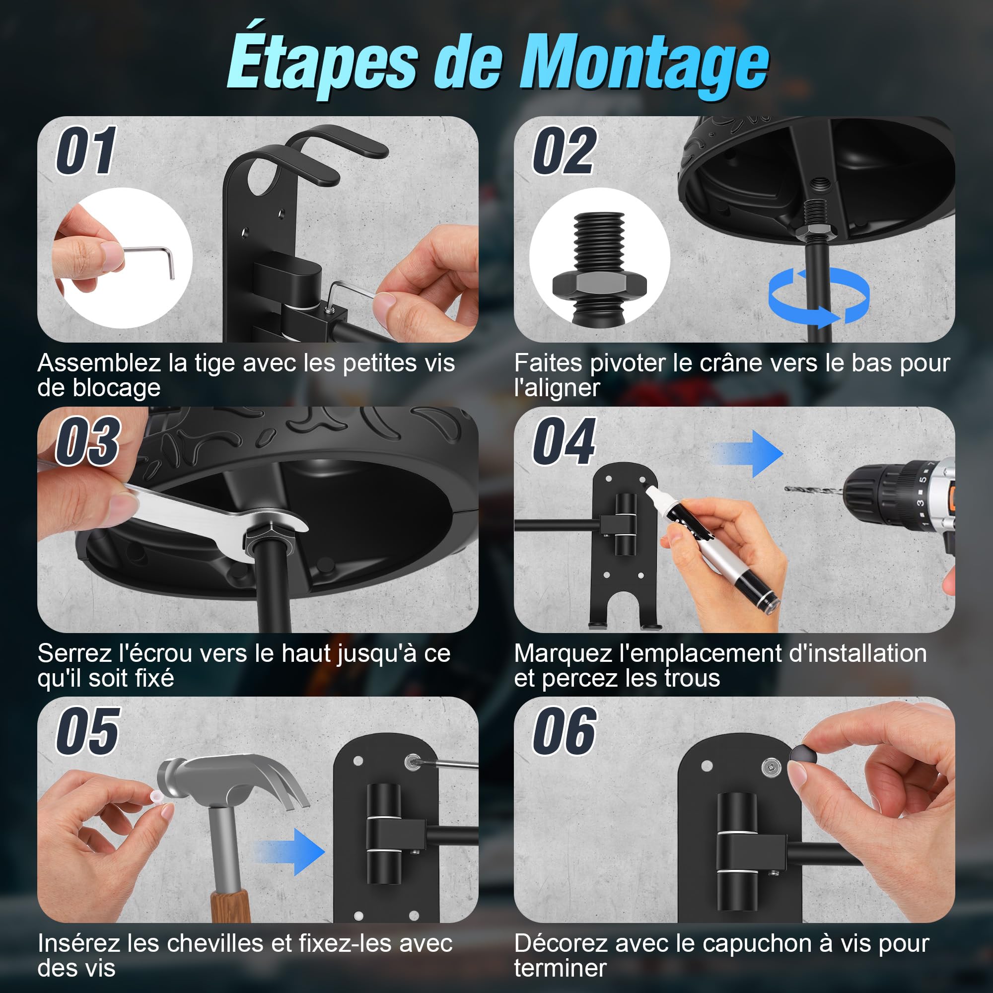 Support Casque Moto, Porte Casque Moto Mural Squelette, Tête de Mort Métal Rotation à 180°, Support Crochet Organisateur Mural pour Ranger Vos Équipements de Moto, Football, Rugby, Noir