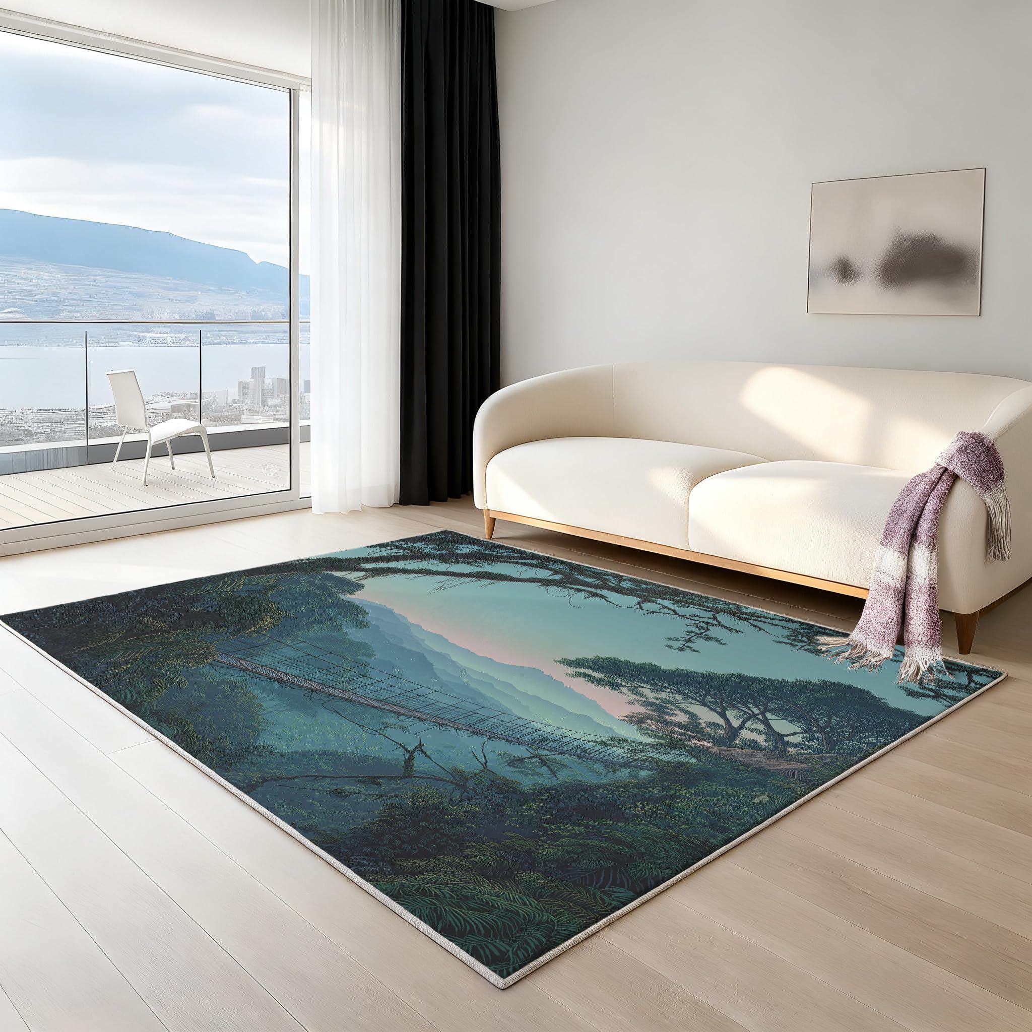 Genérico Dywan do salonu i sypialni, puszysty krótki włos antypoślizgowy dywan do salonu dla dzieci biuro niebieskie jezioro dywaniki mały 80 x 150 cm tropikalny las deszczowy zachód słońca