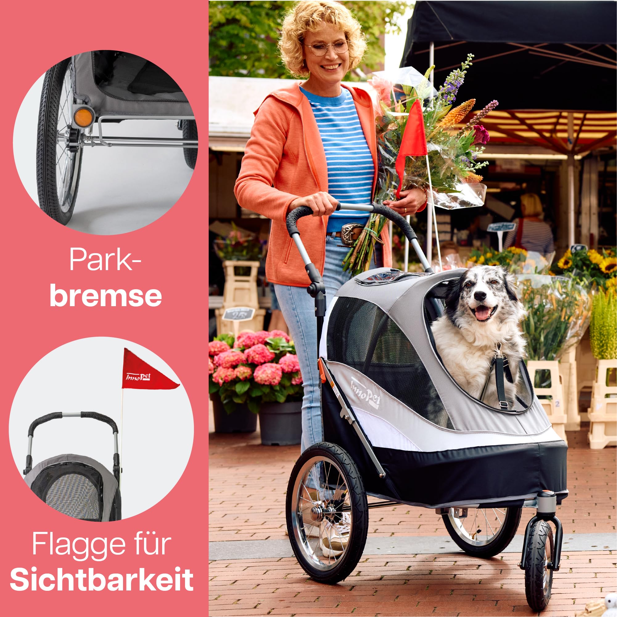 Hundeanhänger Fahrrad & Hundebuggy InnoPet Sporty Trailer Deluxe - 2 in 1 Fahrradanhänger für Hunde - Schwarz/Silber - mit Regenschutz, Deichsel & Fahrradkit, Faltbarer Hundewagen